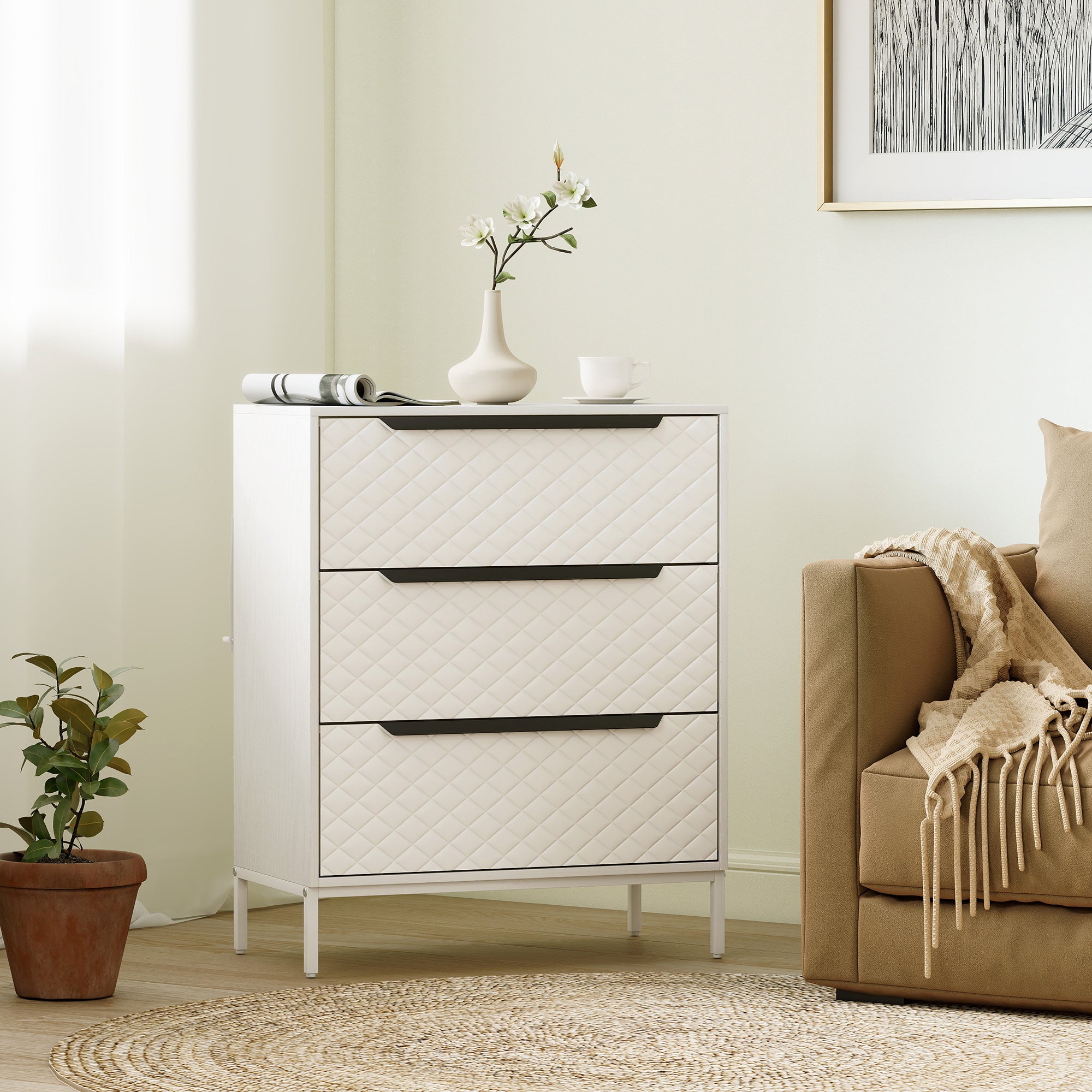 HOMCOM Chest of Drawers, Dresser with 3 Fabric Drawers and Aluminium Handles - White