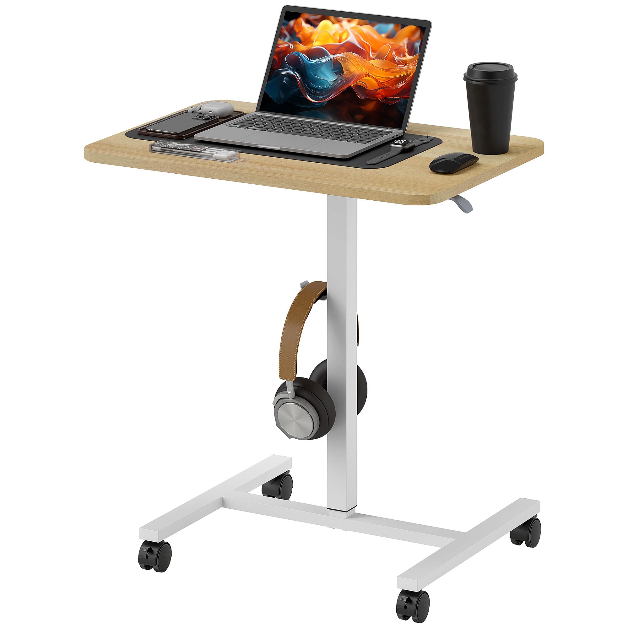 HOMCOM 75-115cm Manual Adjustable Sit-To-Stand Desk - White/Wood-Effect - North Peak Garden Furniture