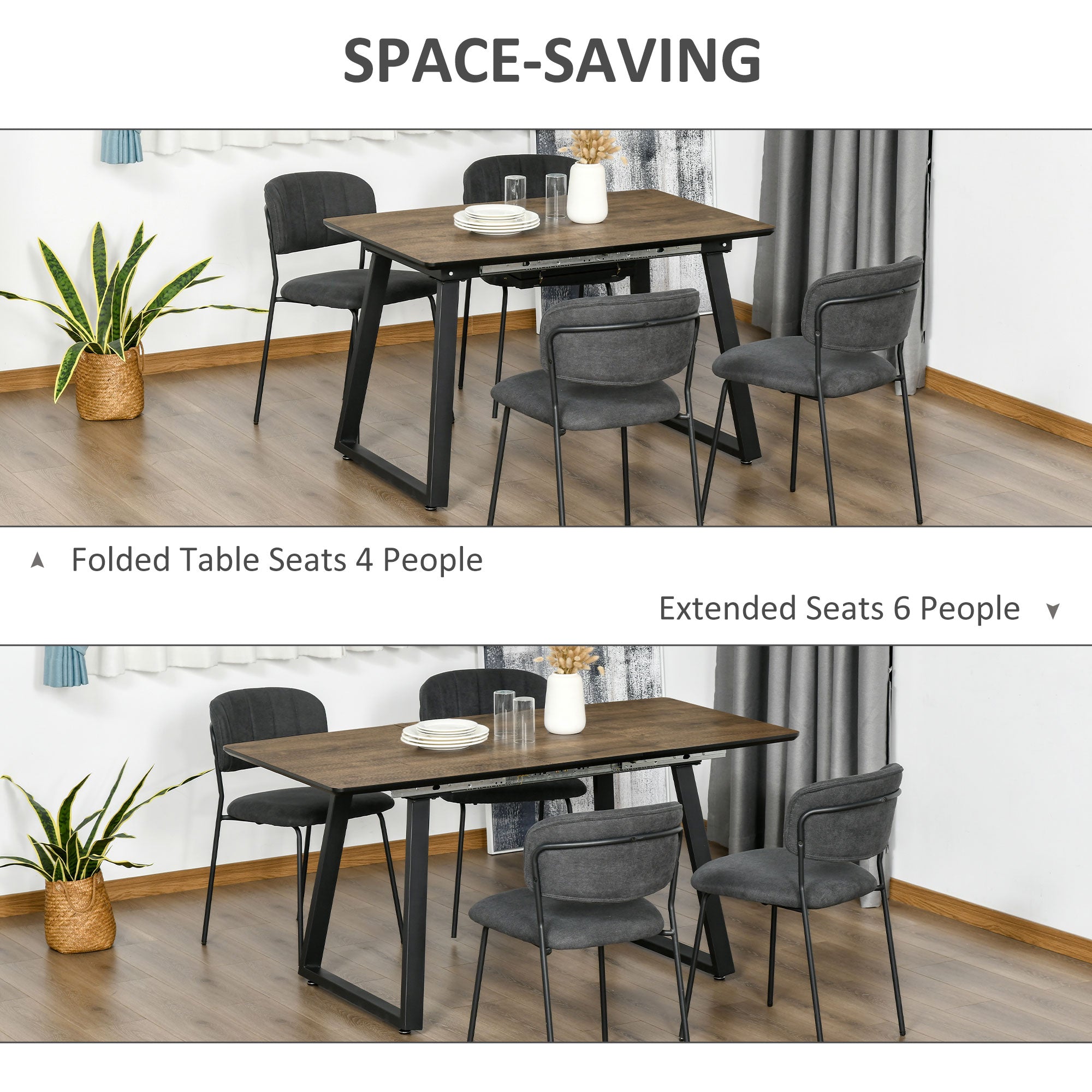 HOMCOM Extendable Dining Table Rectangular Wood Effect Tabletop for 4-6 People with Steel Frame & Hidden Leaves for Kitchen, Dining Room, Living Room - North Peak Garden Furniture