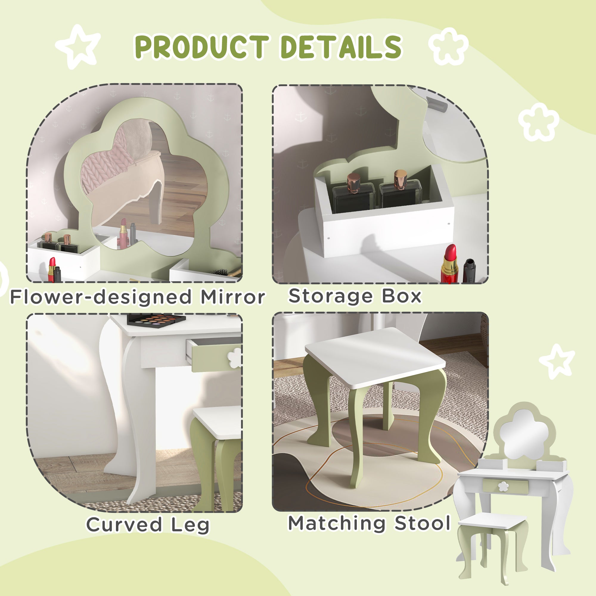 ZONEKIZ Kids Vanity Table with Mirror and Stool, Drawer, Storage Boxes, Flower Design, for Ages 3-6 Years - White - North Peak Garden Furniture