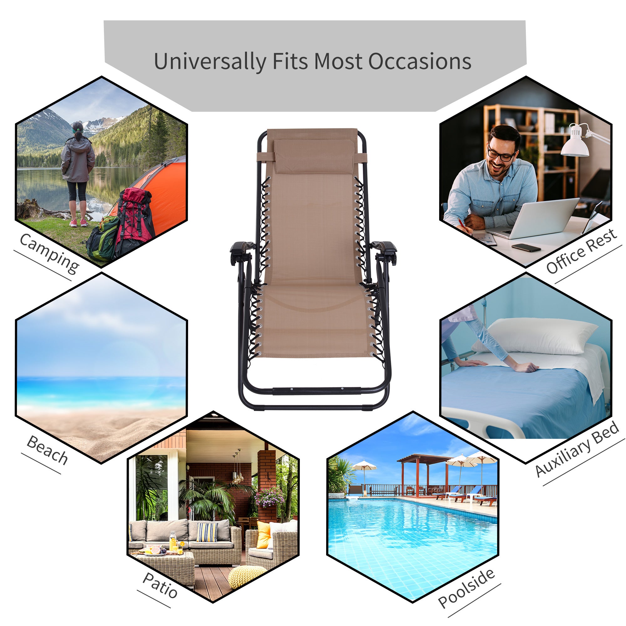 Outsunny Zero Gravity Chair Metal Frame Texteline Armchair Outdoor Folding and Reclining Sun Lounger with Head Pillow for Patio Decking Gardens Camping, Beige - North Peak Garden Furniture