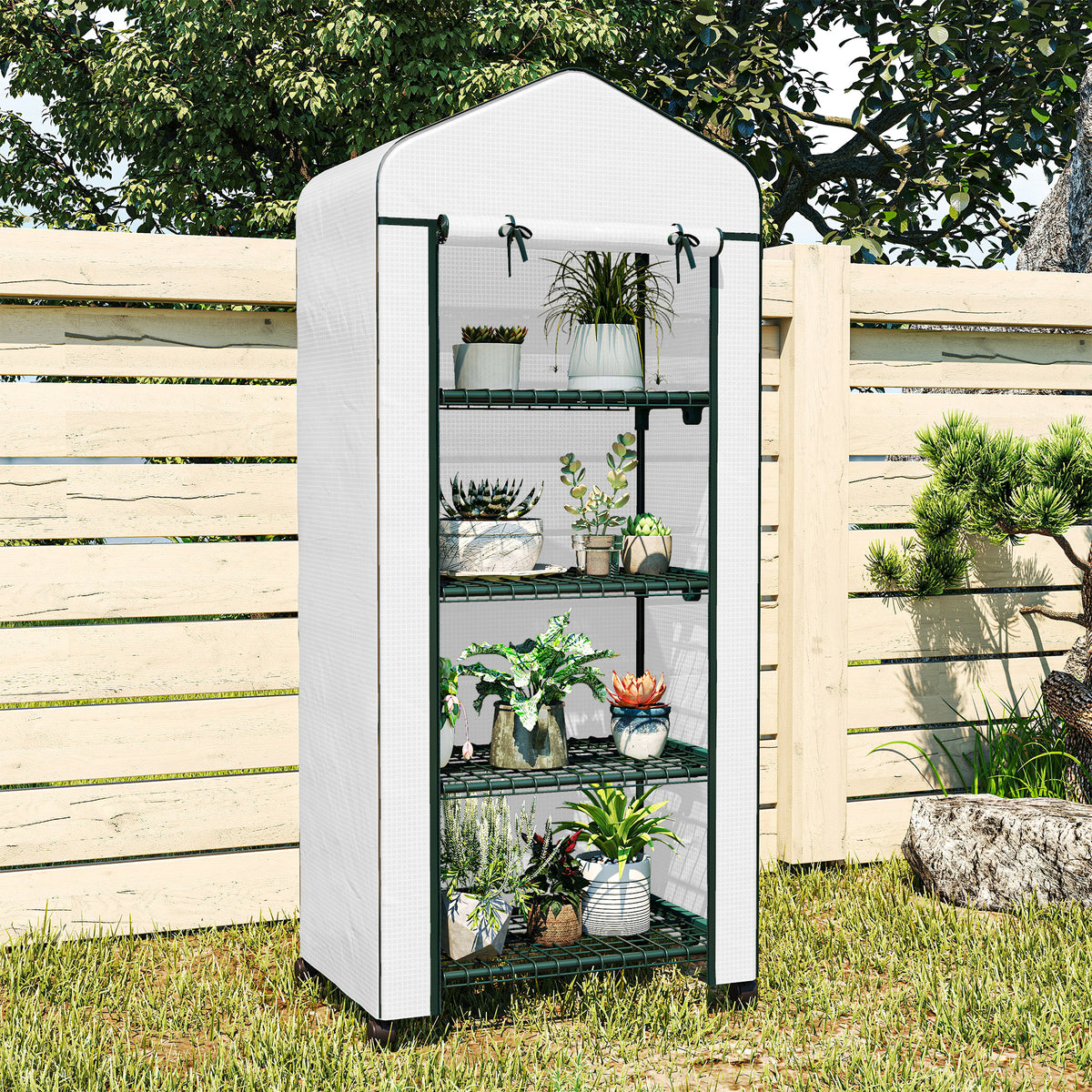 Outsunny 4 Tier Mini Portable Greenhouse Compact Plant Grow Shed Metal Frame PE Cover with Lockable Rolling Wheels, White