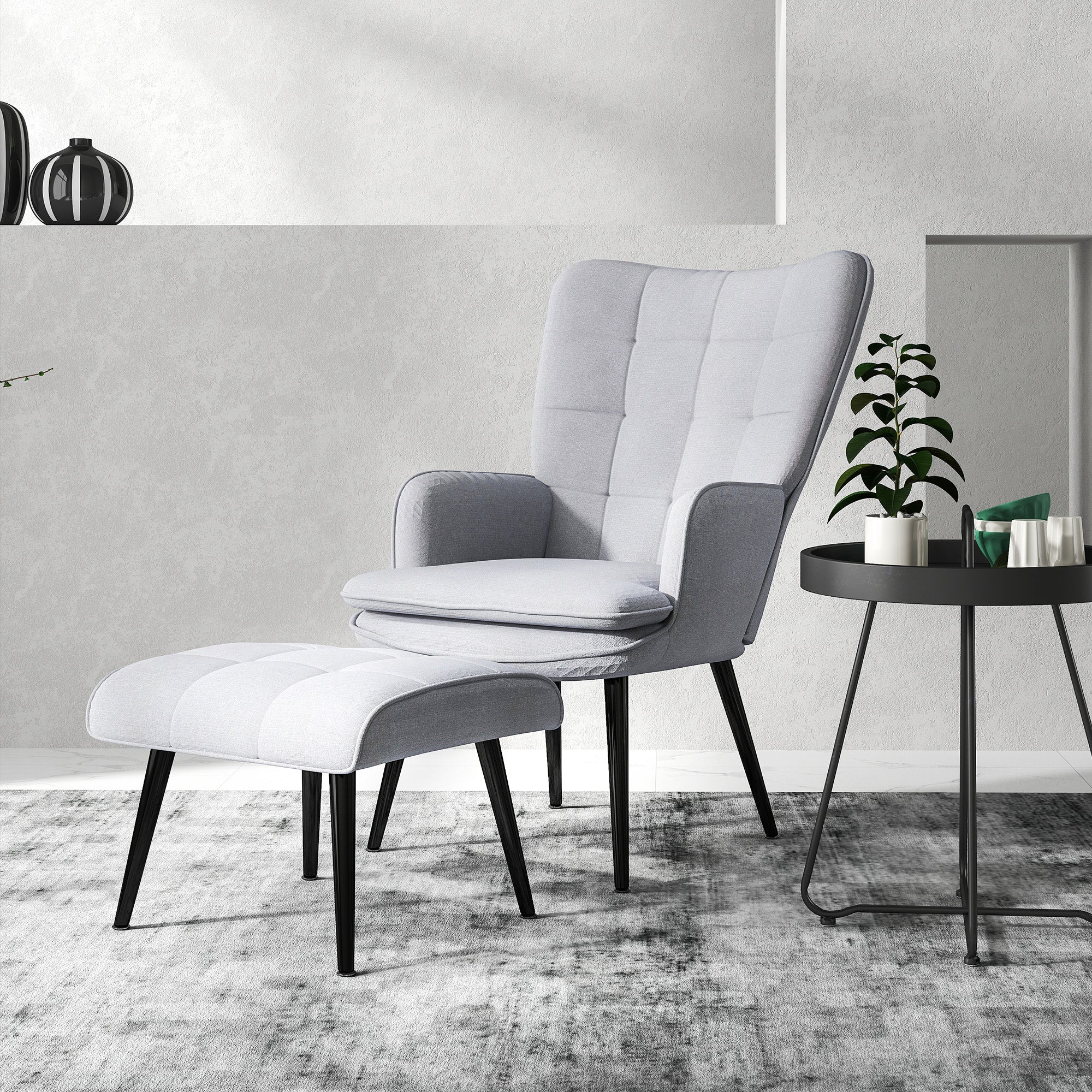 HOMCOM Armchair with Footstool, Living Room Chair, Linen Accent Chair for Bedroom, Home Study, Light Grey - North Peak Garden Furniture