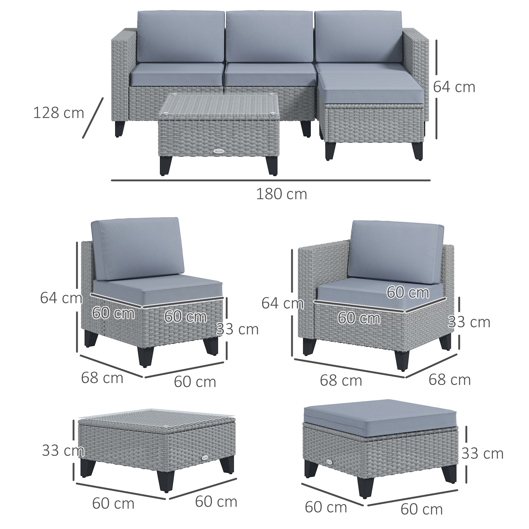 Outsunny 5-Piece Rattan Patio Furniture Set with Corner Sofa, Footstools, Coffee Table, for Poolside, Grey - North Peak Garden Furniture