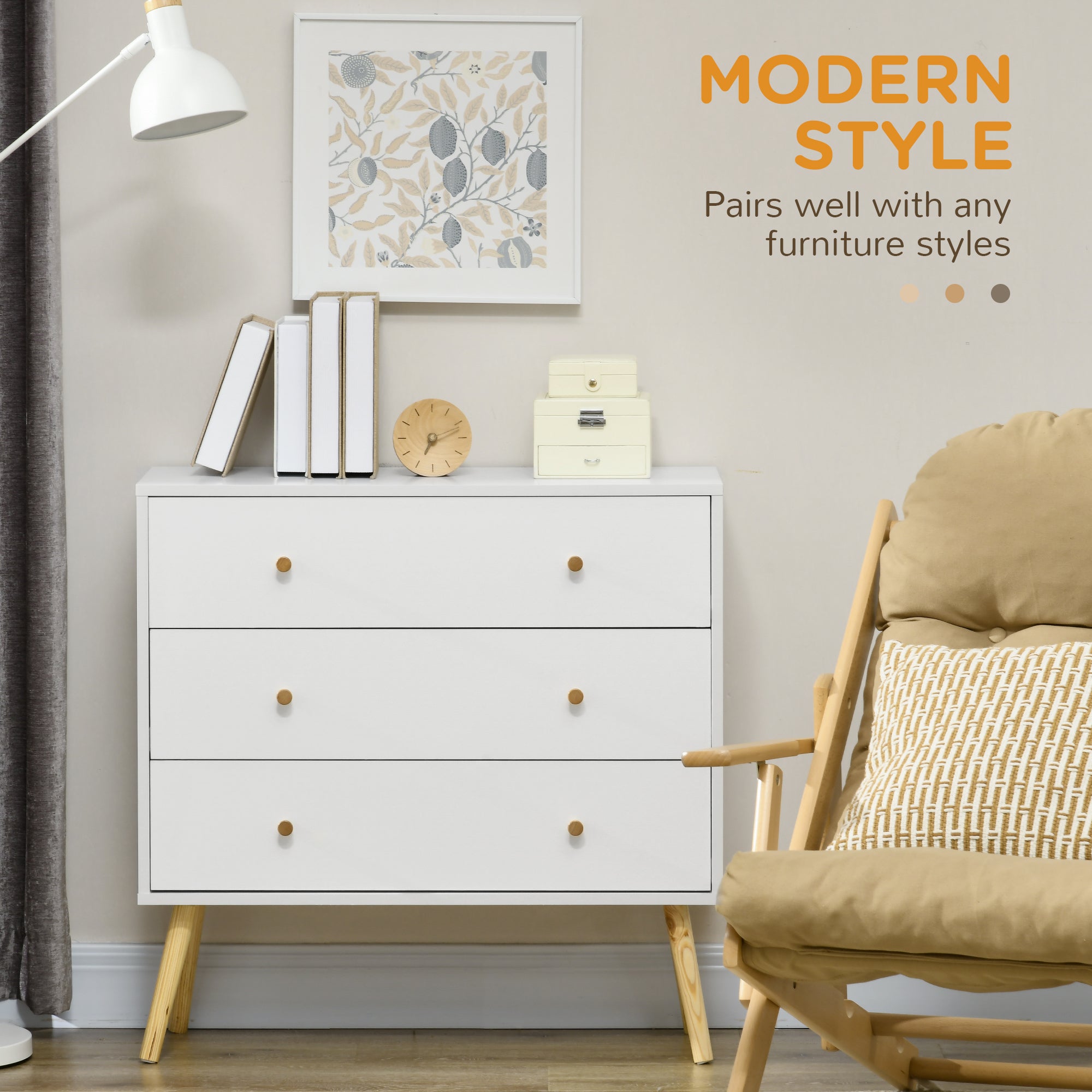 HOMCOM Chest of Drawers, 3-Drawer Storage Organiser Unit with Wood Legs for Bedroom, Living Room, White - North Peak Garden Furniture