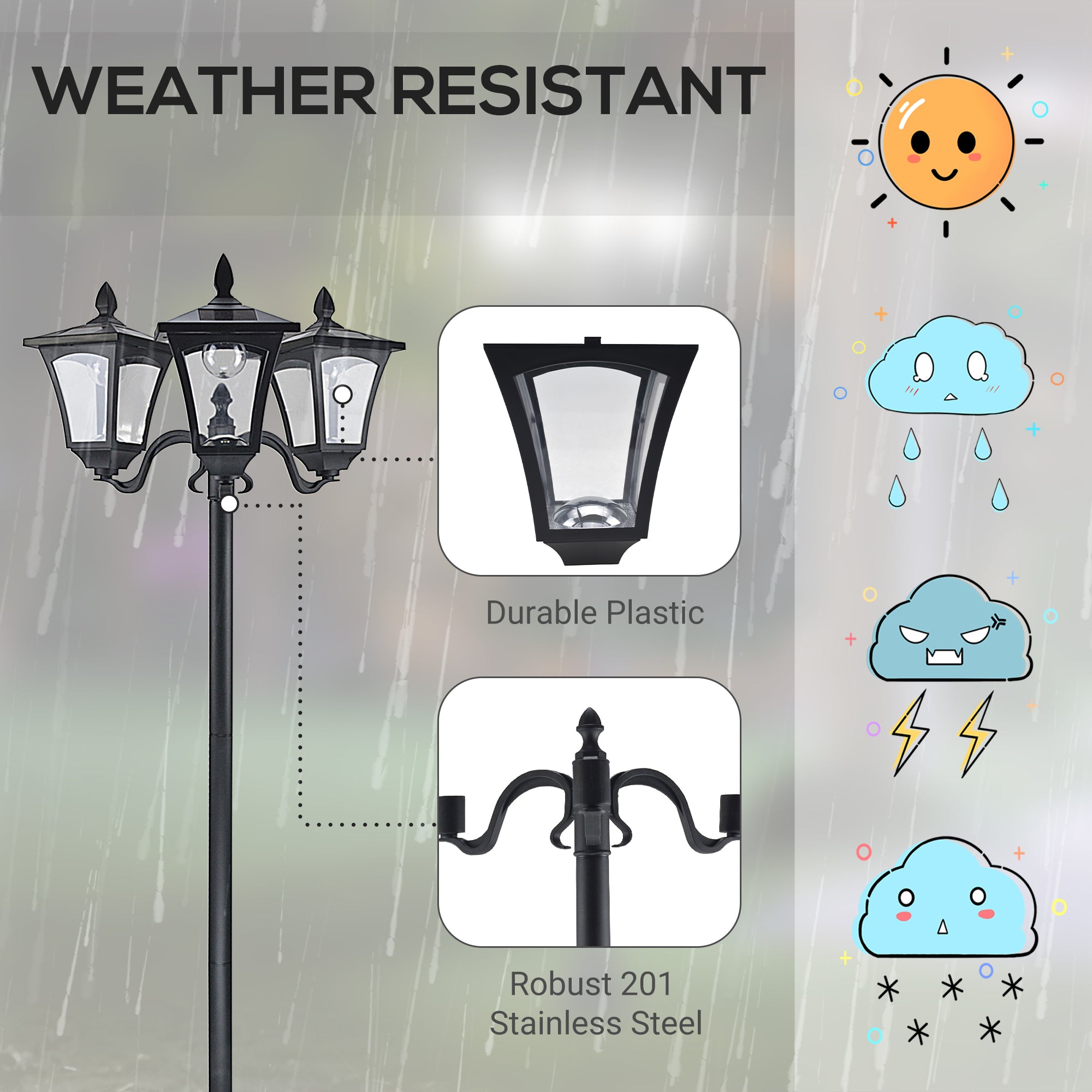 Outsunny 1.8m Traditional Victorian Style 3 Way Head Outdoor Garden Solar Post Lamp Sensor Dimmable LED Lantern Bollard Pathway IP44 – Black - North Peak Garden Furniture