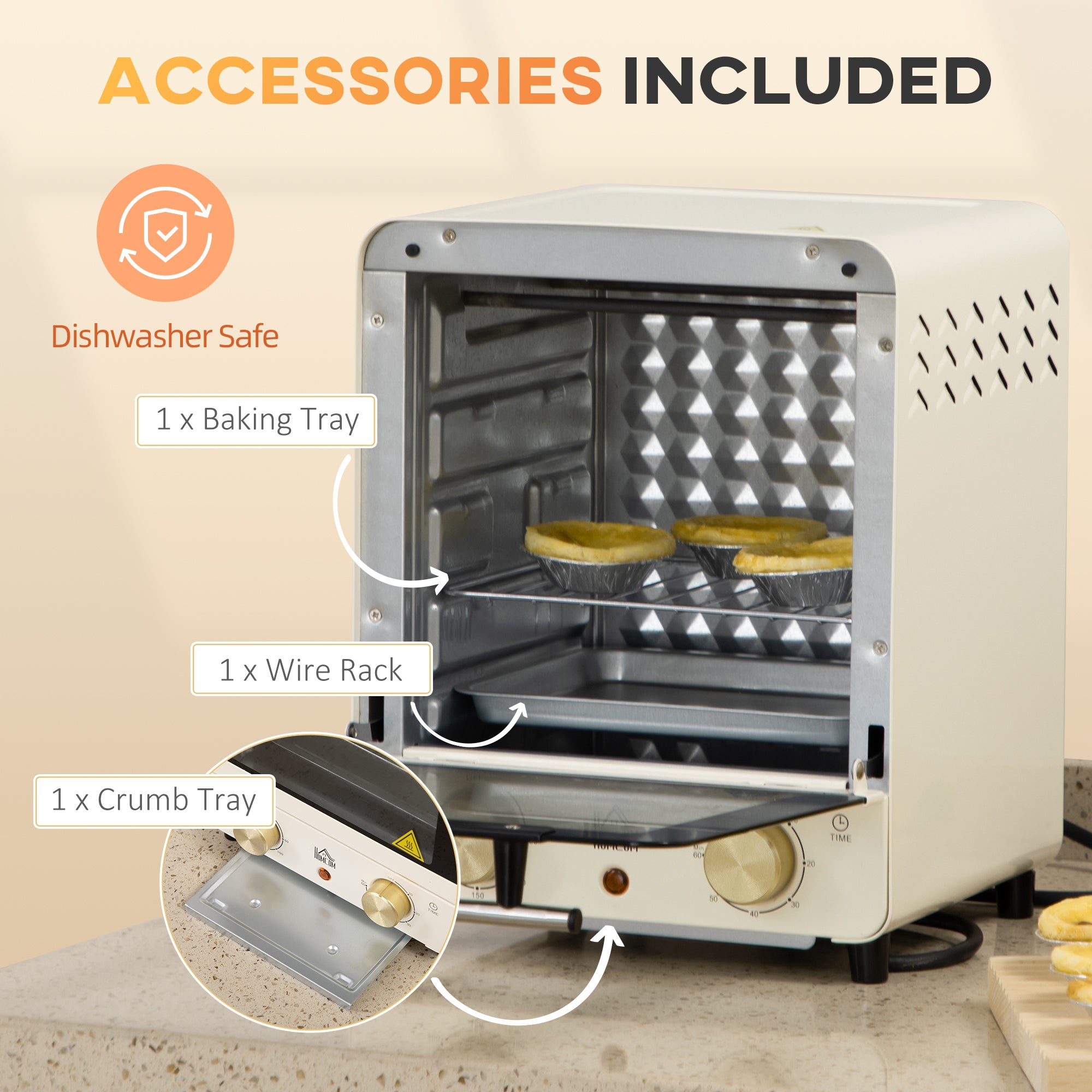 HOMCOM Mini Oven, 15 Litres Electric Oven and Grill with 60-230℃ Adjustable Temperature, 60 Minute Timer, Include Baking Tray, Wire Rack and Crumb Tray, 1000W, Cream White - North Peak Garden Furniture
