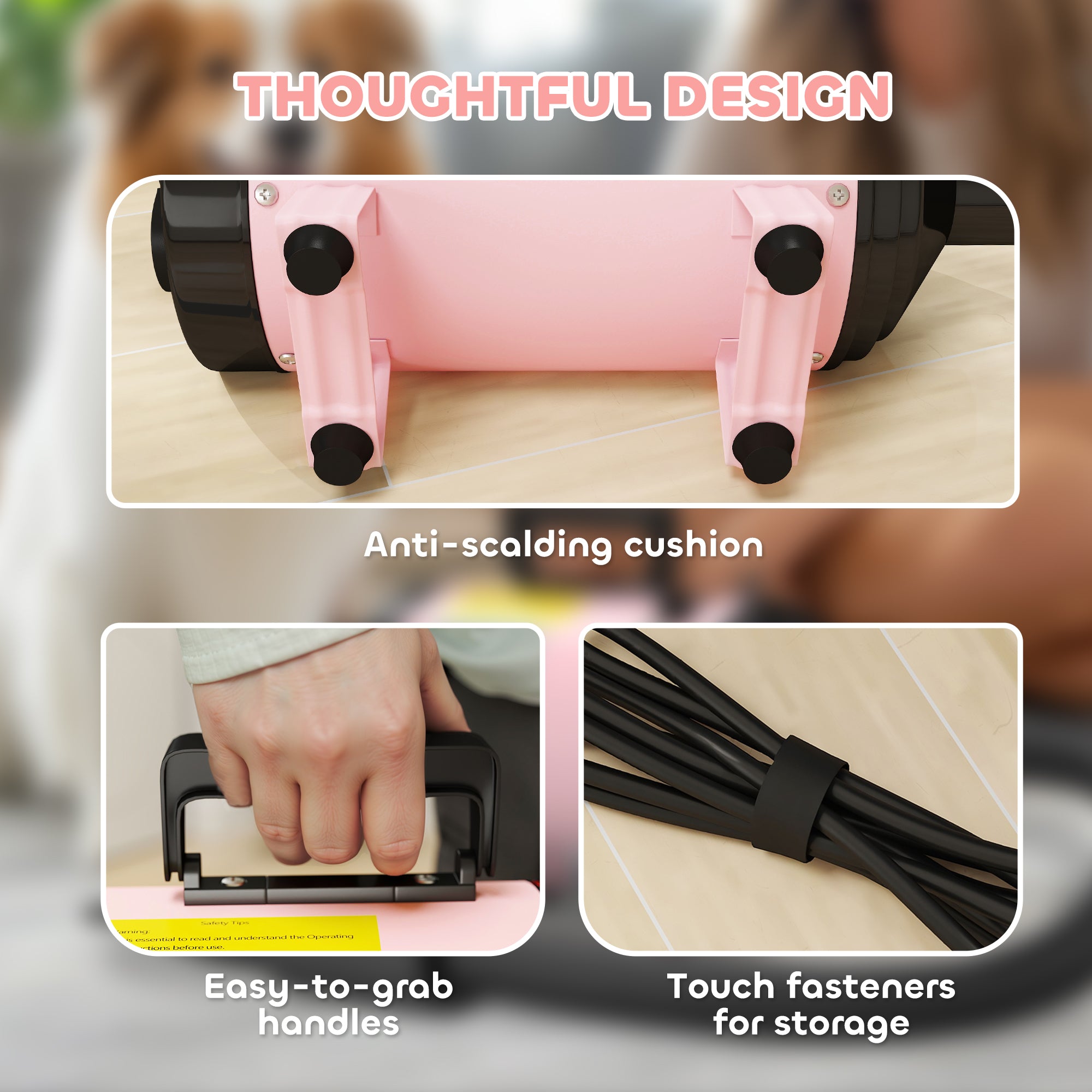 PawHut 2200W Dog Hair Dryer with Adjustable Temperature & Velocity, 3 Different Nozzles, Pink - North Peak Garden Furniture