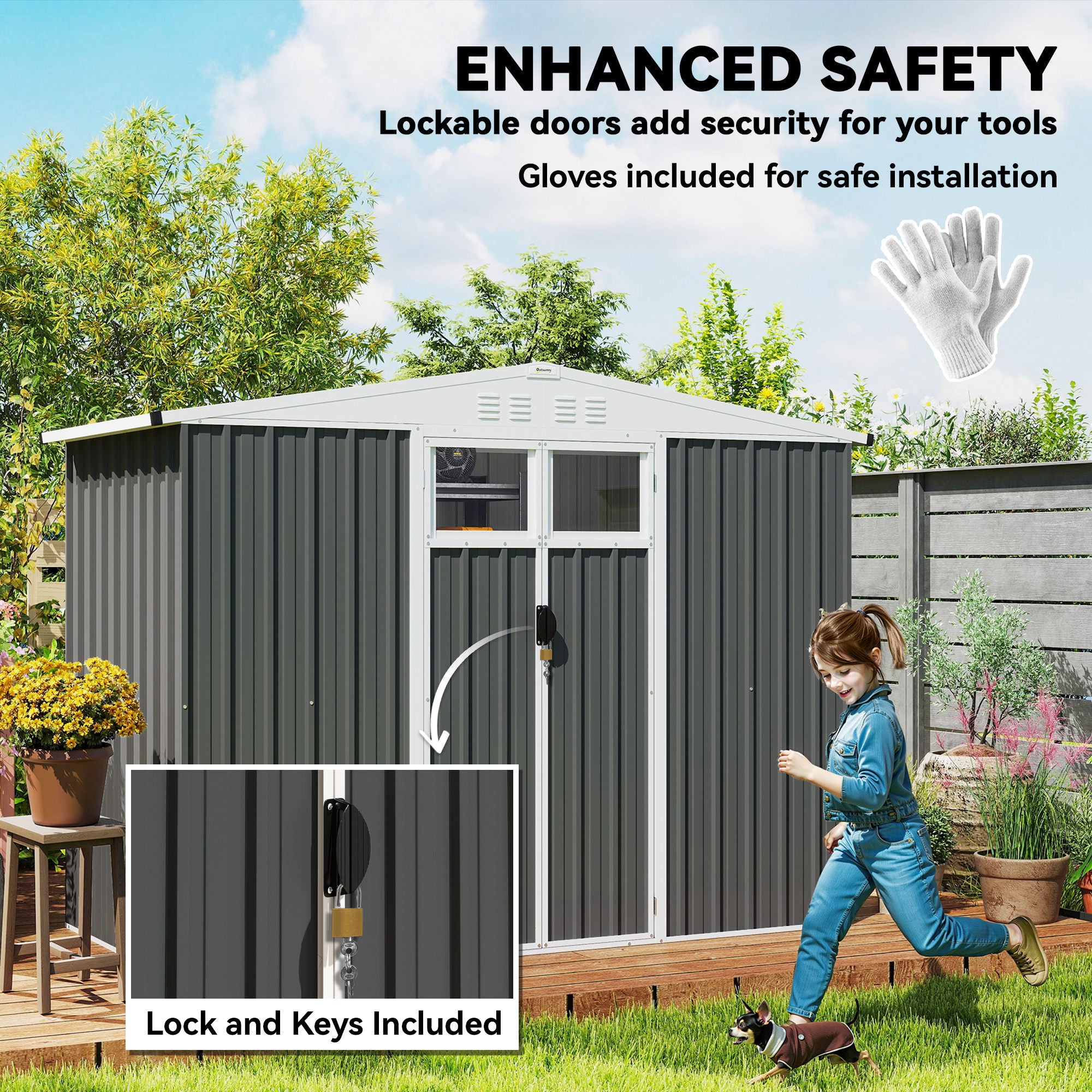Outsunny 8 x 4 ft Metal Garden Shed, Garden Storage Shed with Window, 4 Vents and Lockable Door, Waterproof Galvanised Steel Tool Storage Cabinet, Dark Grey