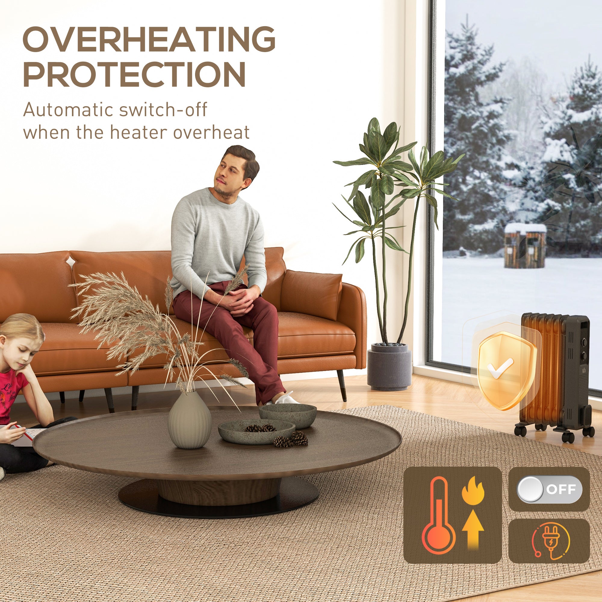 HOMCOM 1500W Oil Filled Radiator, 7 Fin, Portable Electric Heater with 3 Heat Settings, Safety Cut-Off and Wheels, Grey - North Peak Garden Furniture