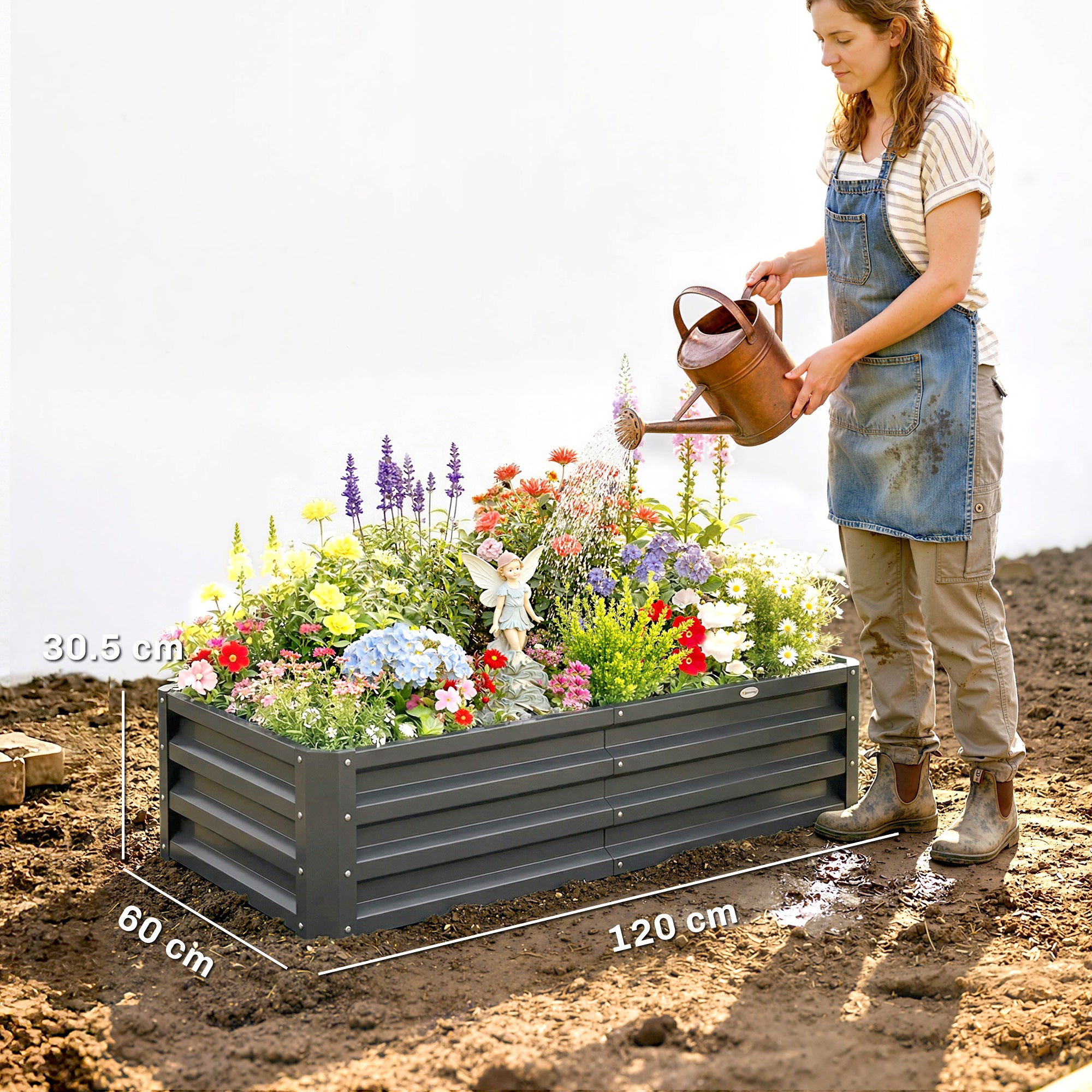 Outsunny Raised Beds for Garden, Galvanised Outdoor Planters for Herbs and Vegetables, for Patio, Garden, Balcony, Light Grey