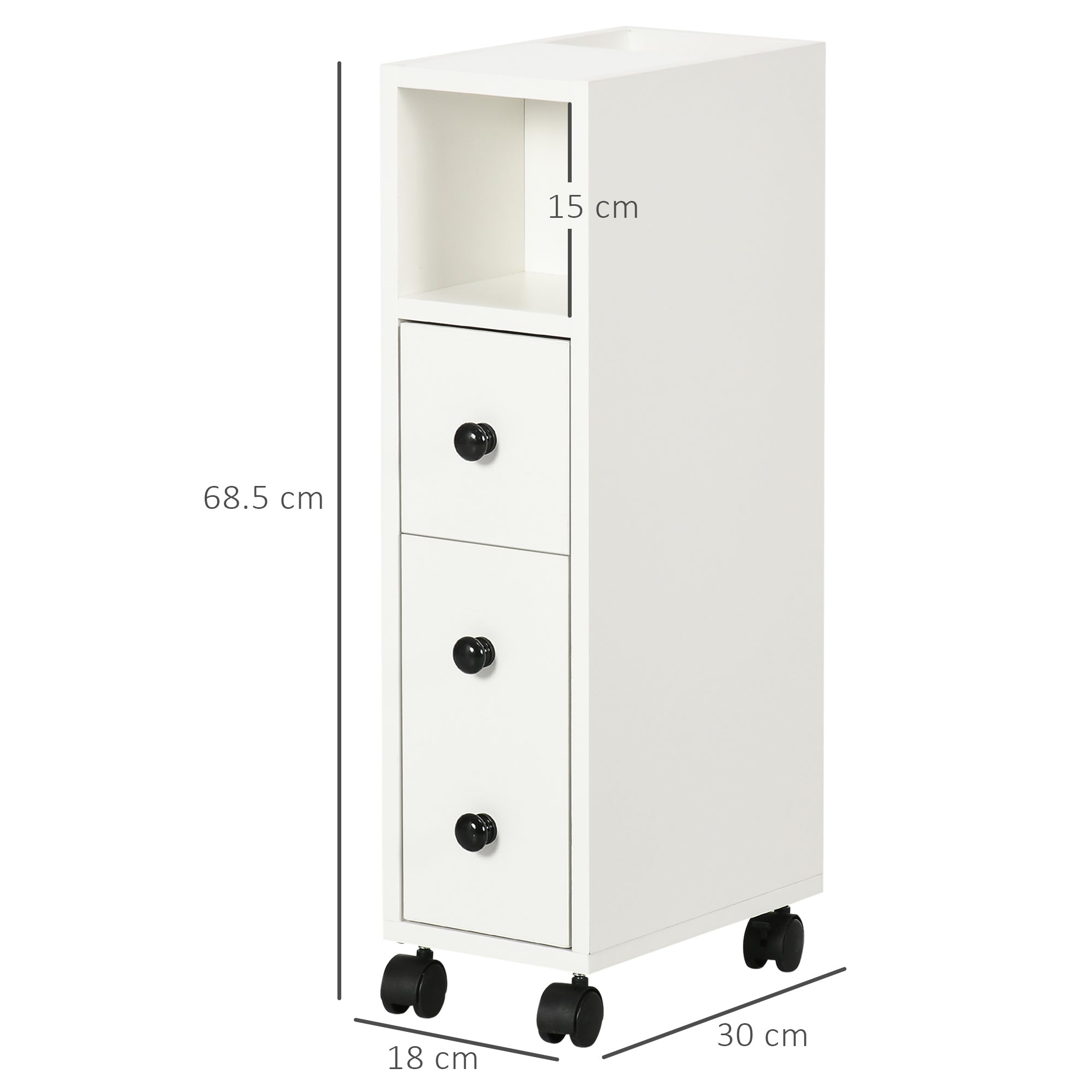 kleankin Slimline Bathroom Storage Unit w/ 2 Drawers 2 Open Compartments Wheels Handles Freestanding Compact Home Office Furniture White