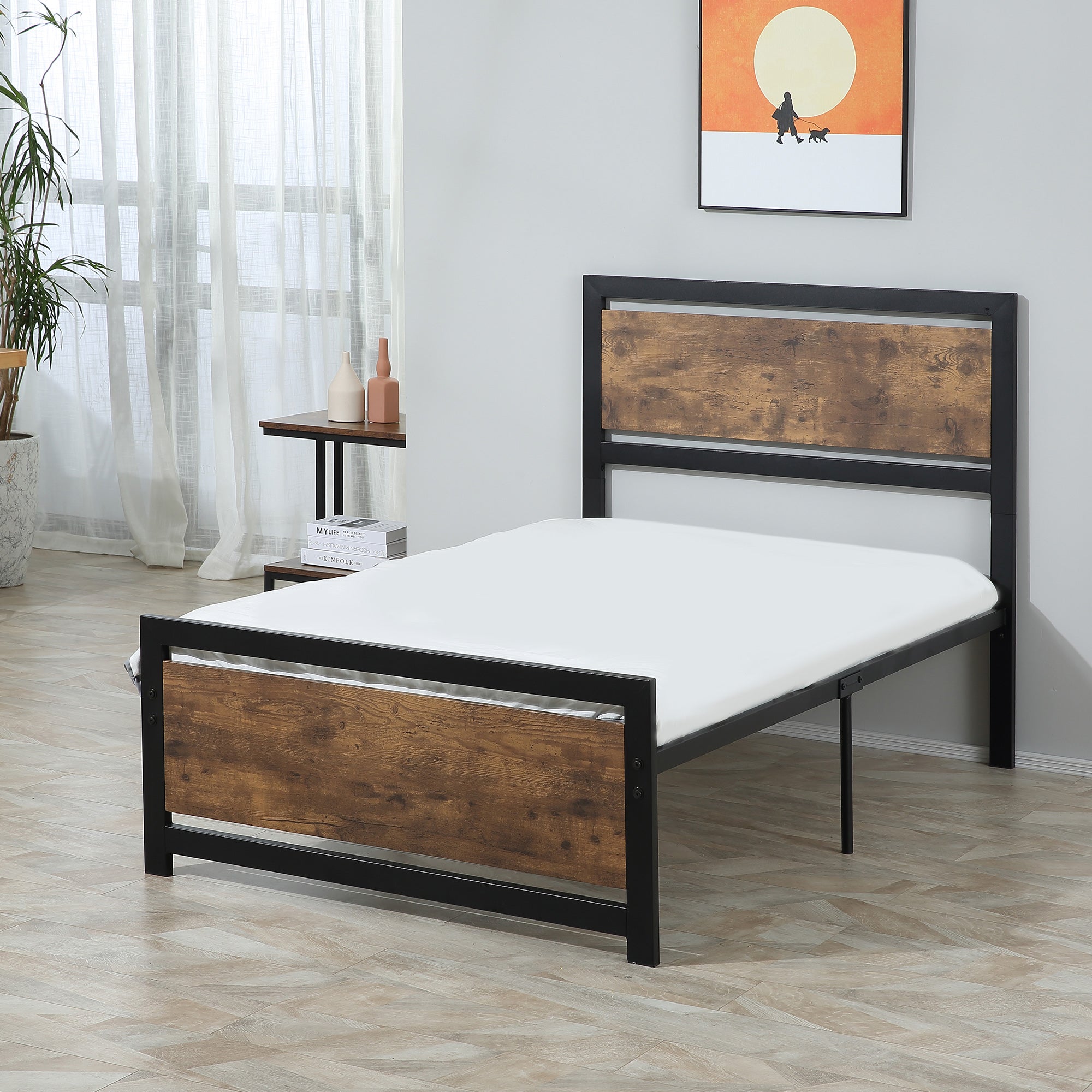 HOMCOM Single Size Metal Bed Frame with Headboard & Footboard, Strong Slat Support Solid Bedstead Base w/ Underbed Storage Space, Bedroom Furniture For Adults - North Peak Garden Furniture
