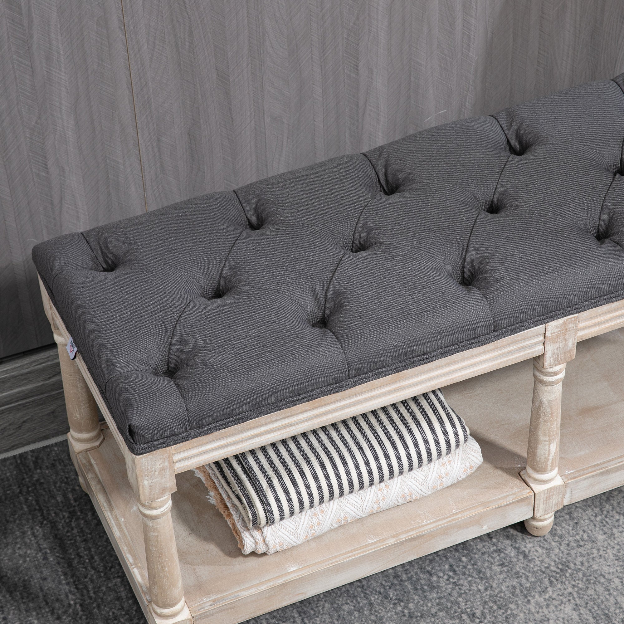 HOMCOM 2-Tier Bed End Bench, Vintage Stool, Wooden Window Seat with Storage Shelf, Button Tufted Upholstered Footstool for Living Room, Bedroom, Entryway, Grey - North Peak Garden Furniture