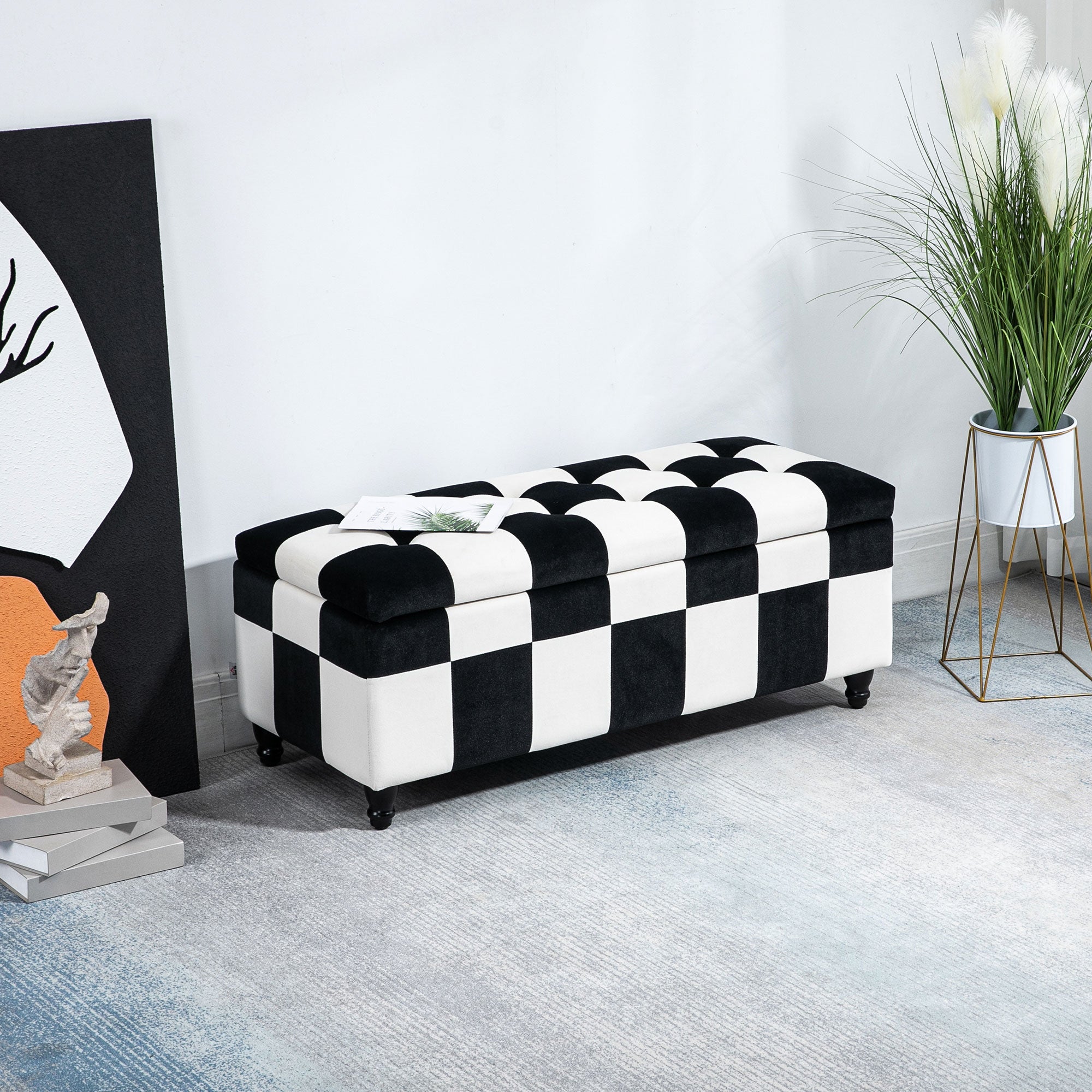 HOMCOM 114 x 47 x 47cm Velvet Storage Ottoman, Button-tufted Footstool Box, Toy Chest with Lid for Living Room, Bedroom, White and Black - North Peak Garden Furniture