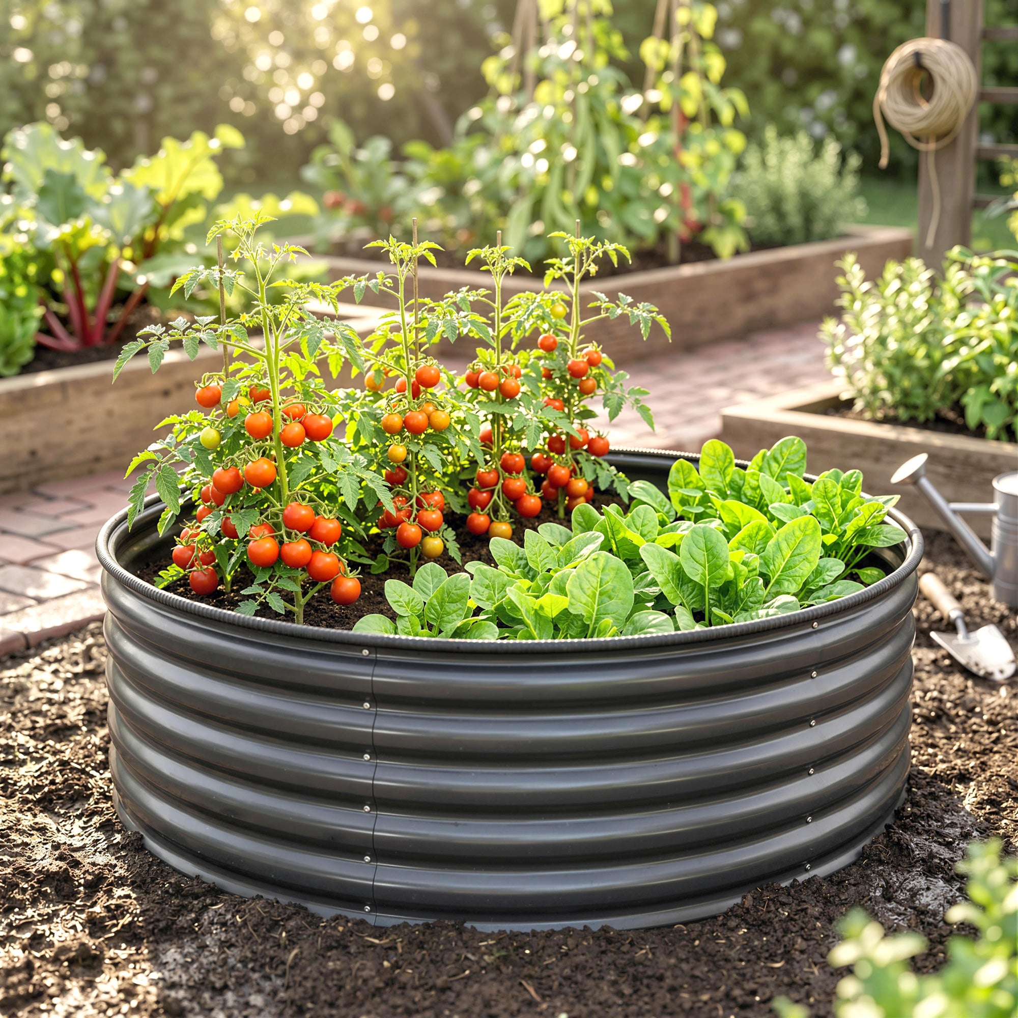 Outsunny Galvanised Raised Garden Bed with Safety Edging, Outdoor Raised Planter Box with Gloves, 120 x 120 x 43cm, Dark Grey