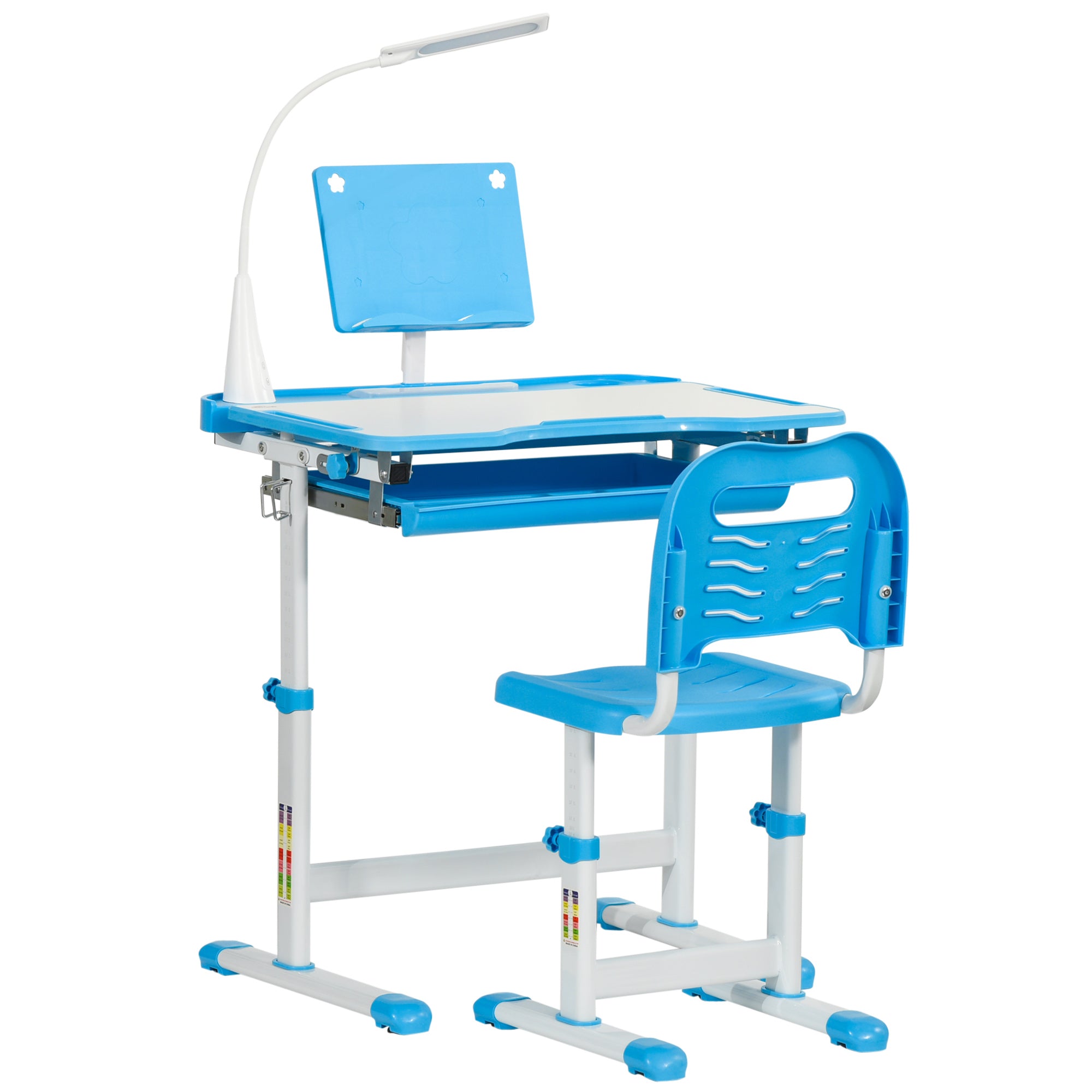 HOMCOM Kids Study Desk and Chair Set w/ Adjustable Height, Storage, Drawer, Blue - North Peak Garden Furniture