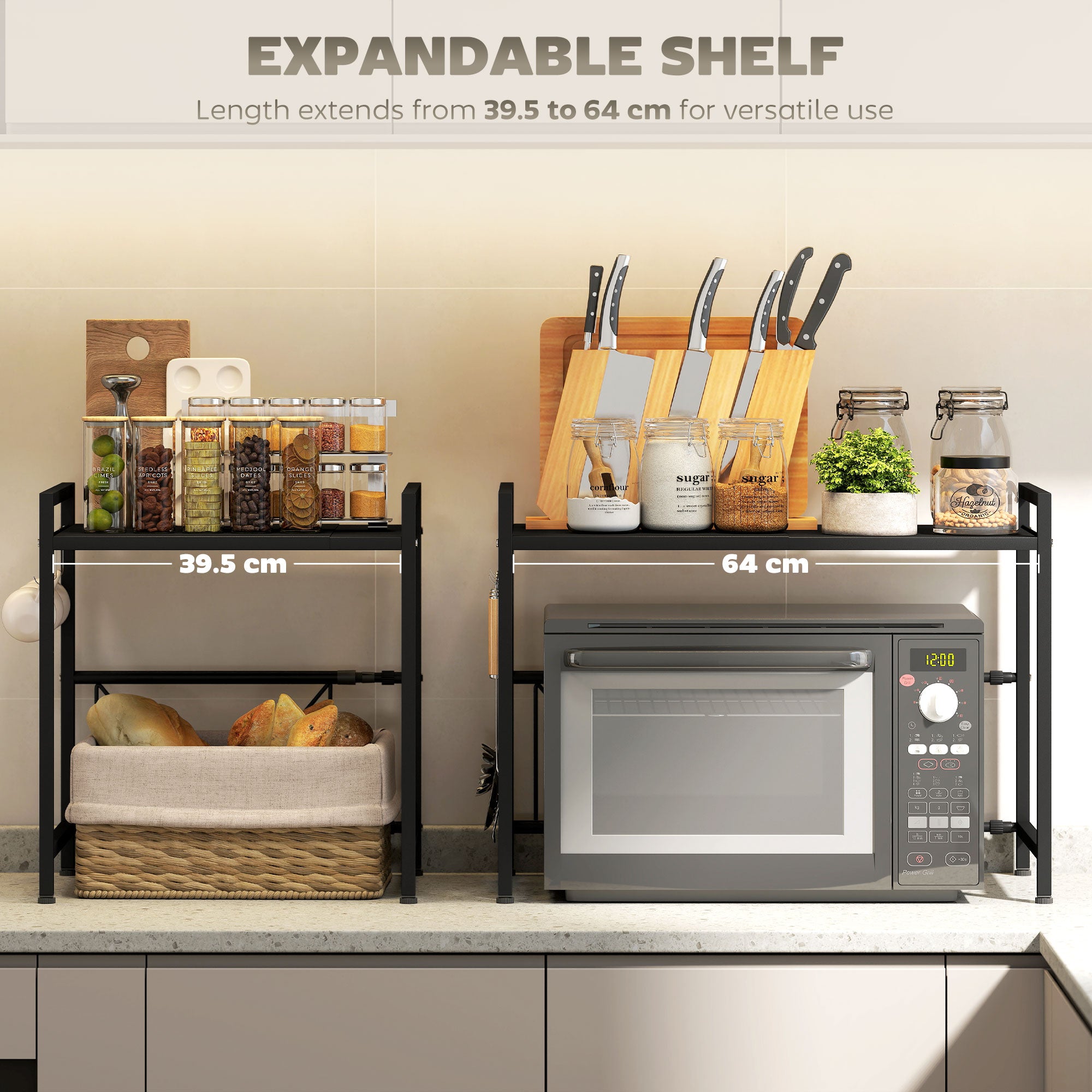 HOMCOM Expandable Microwave Oven Rack with 3 Hooks - Black - North Peak Garden Furniture