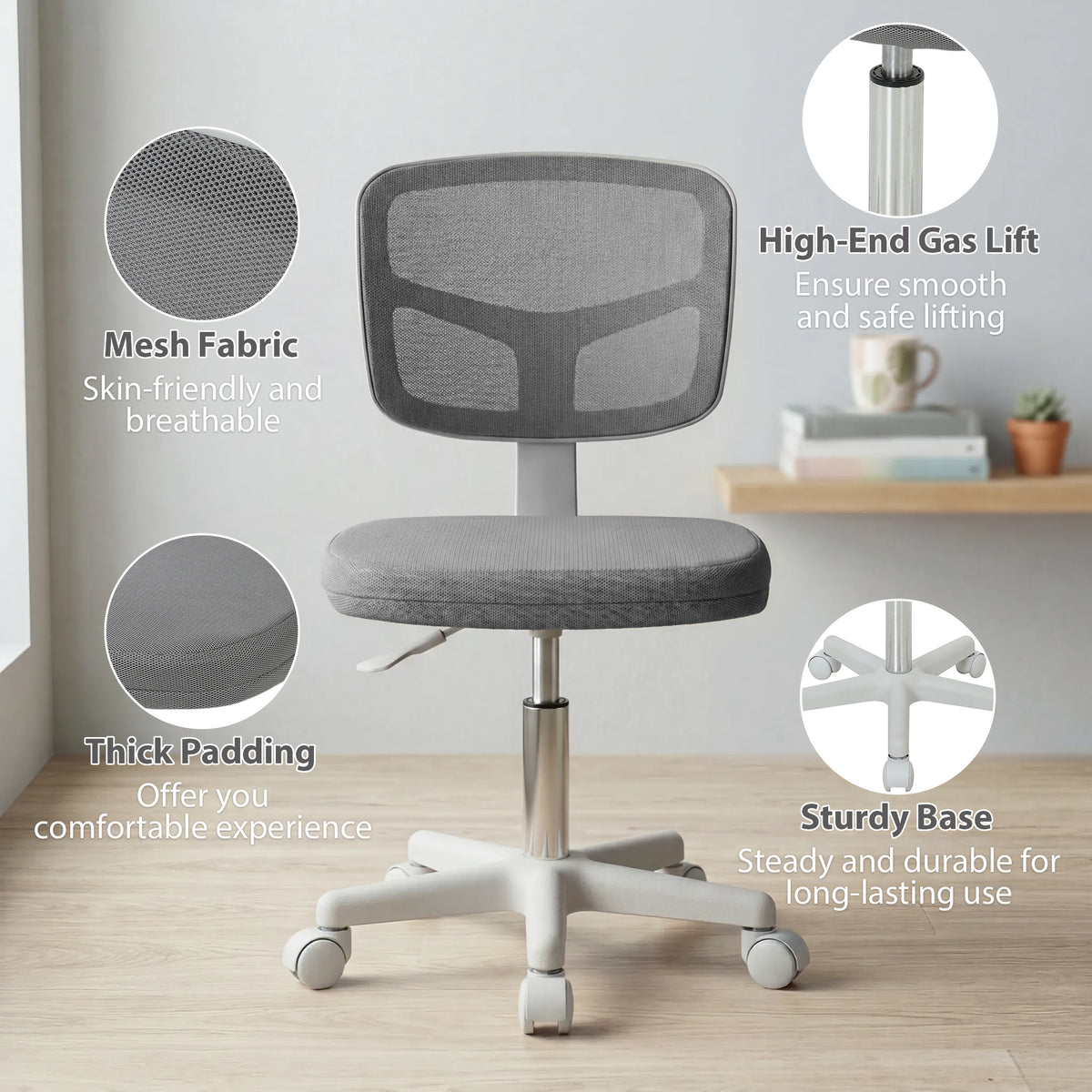 Vinsetto Small Office Chair without Arms, Ergonomic Swivel Mesh Desk Chair with Curved Back, Dark Grey