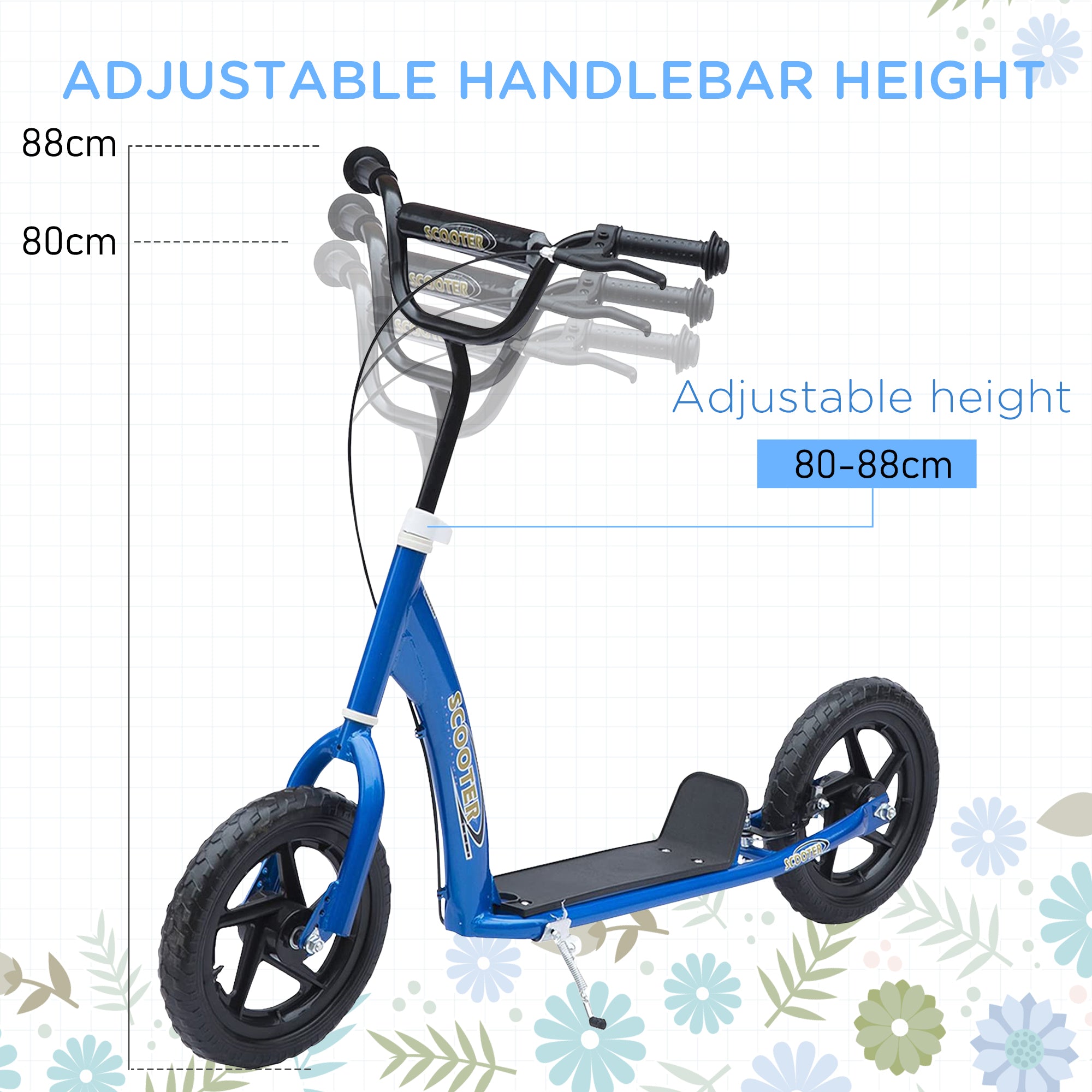 HOMCOM Teen Push Scooter, Kids Scooter w/ 12" EVA Tyres, Rear Brake, Foot Brace, Children Stunt Scooter Big Wheels Scooter for 5-12 Years Old, Blue
