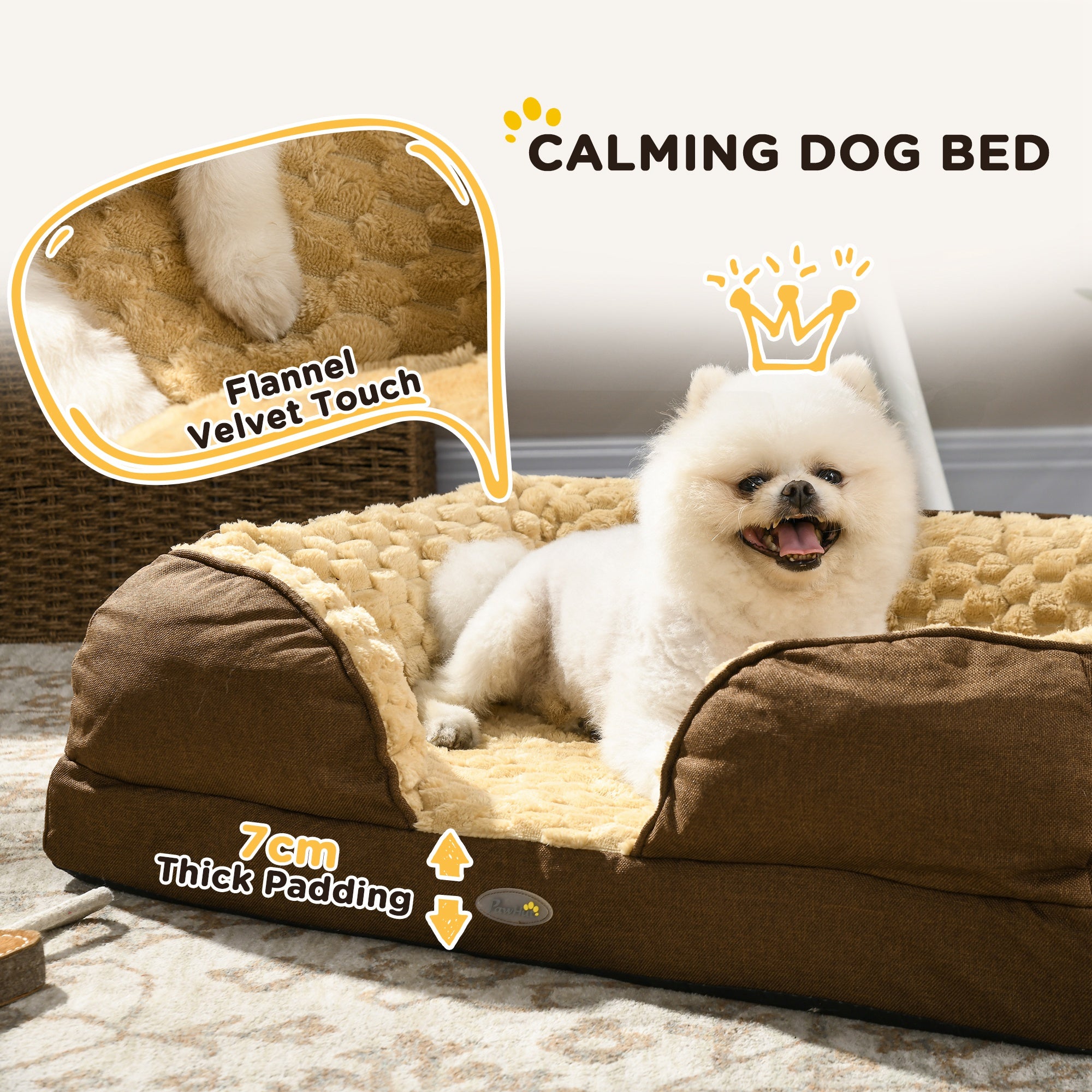 PawHut Calming Dog Bed Pet Mattress w/ Removable Cover, Anti-Slip Bottom, for Small Dogs, 70L x 50W x 18Hcm - Brown - North Peak Garden Furniture