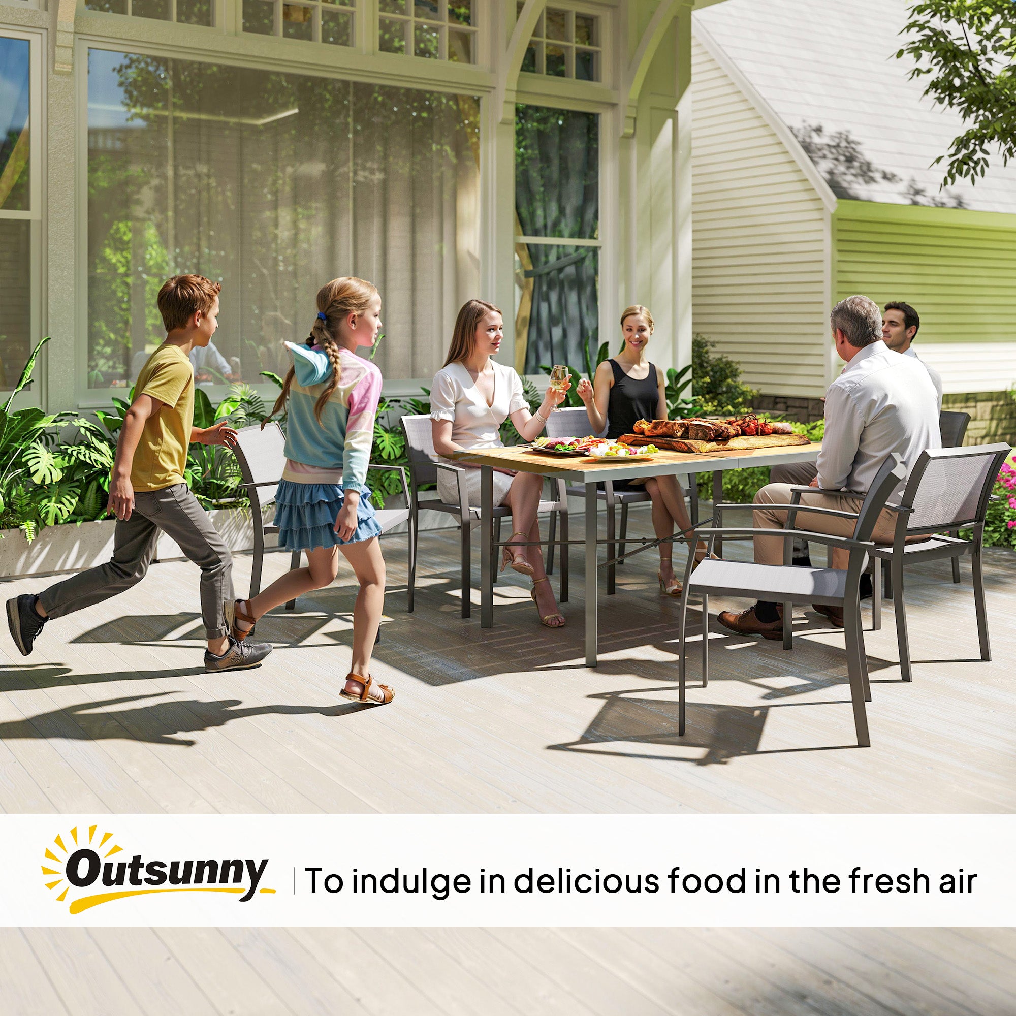 Outsunny Garden Table for 6, Outdoor Dining Table with 5cm Umbrella Hole, Wood Effect Top, Rust Resistant Frame, for Patio, Balcony, Terrace, 150 x 90 cm - North Peak Garden Furniture