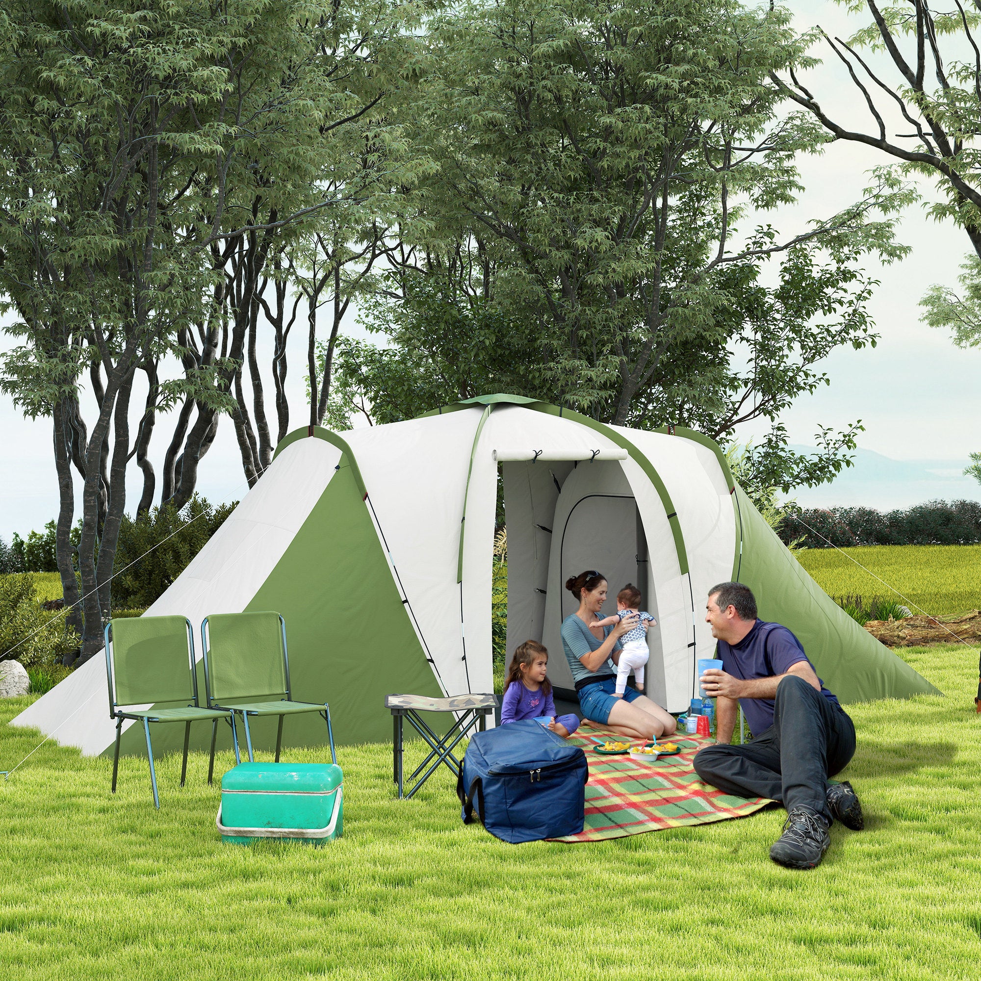 Outsunny Large Camping Tent Tunnel Tent with 2 Bedroom and Living Area, 2000mm Waterproof, Portable with Bag for 4-6 Man, Green - North Peak Garden Furniture