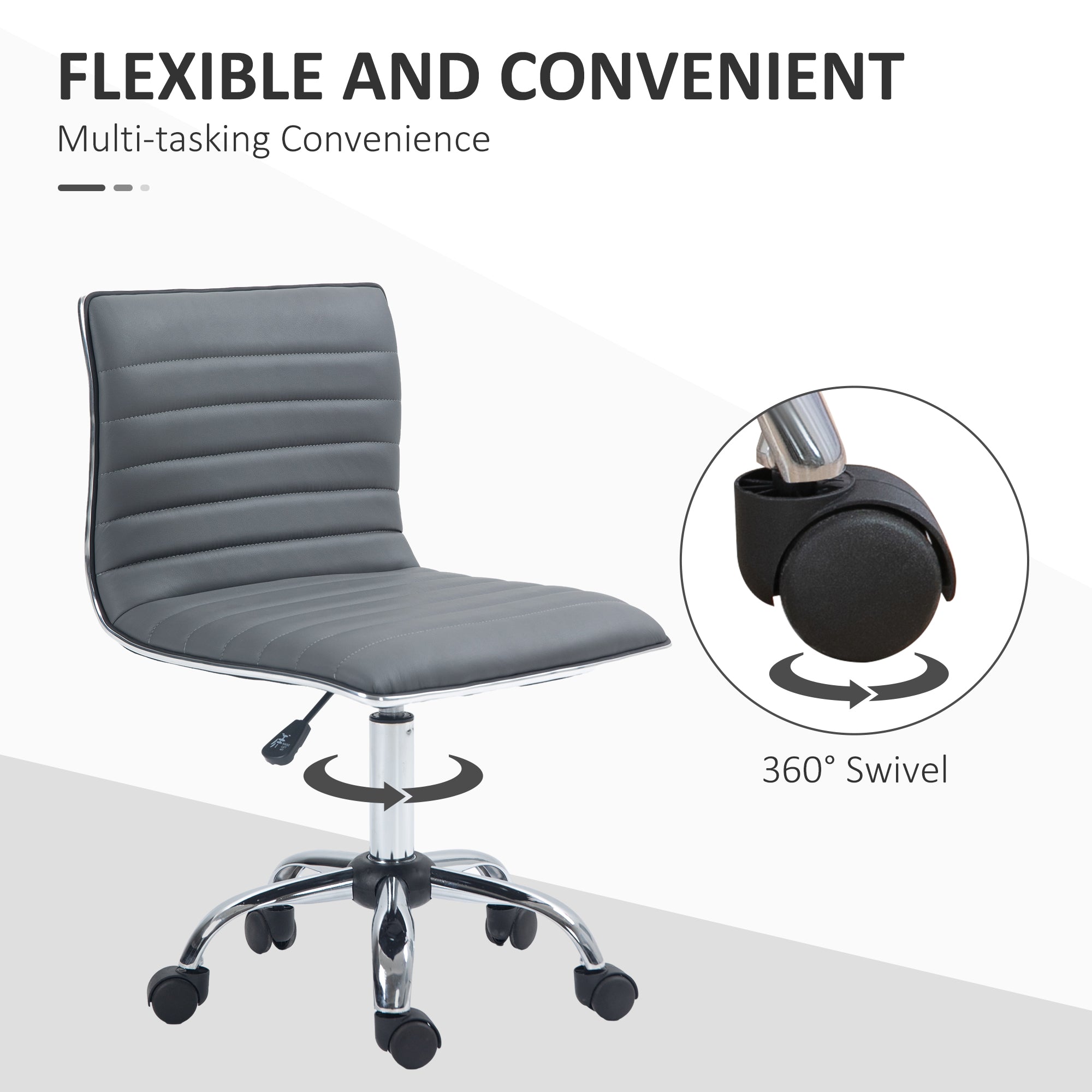 HOMCOM Adjustable Swivel Office Chair with Armless Mid-Back in PU Leather and Chrome Base - Dark Grey - North Peak Garden Furniture