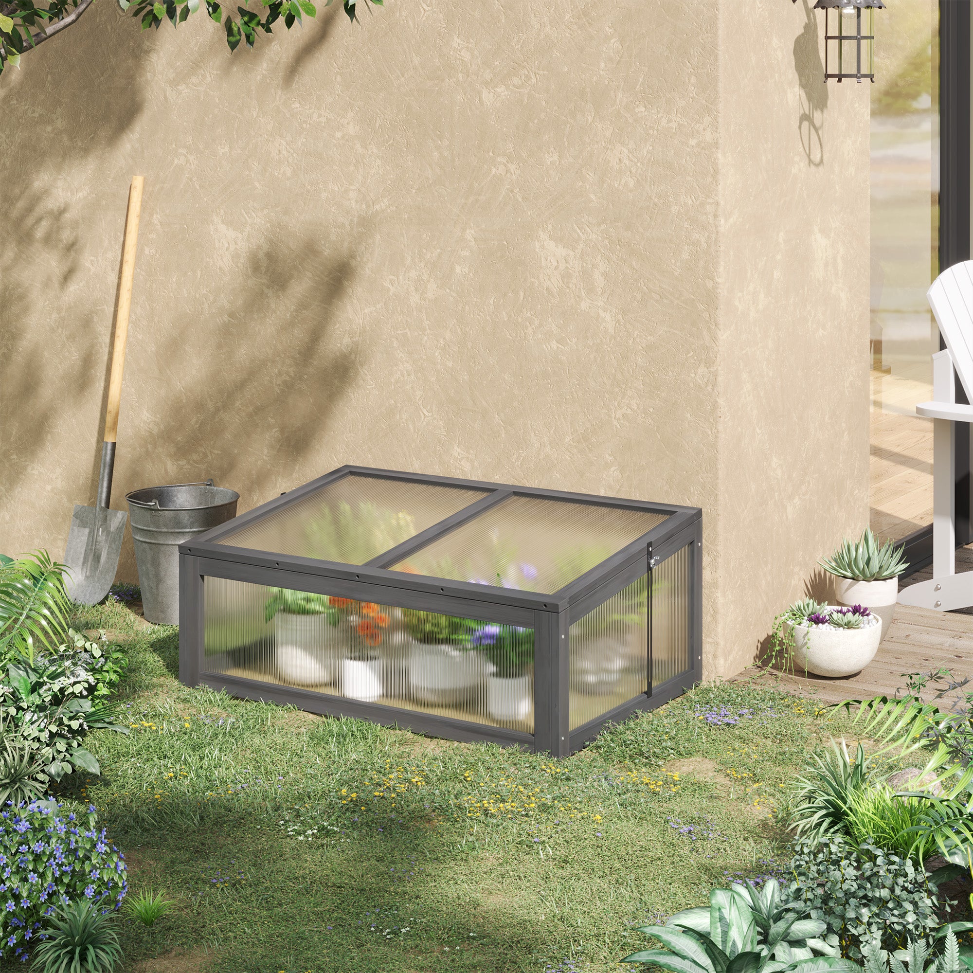 Outsunny Wooden Cold Frame, Small Polycarbonate Greenhouse for Plants with Openable & Tilted Top Cover, Grey, 100 x 65 x 40cm - North Peak Garden Furniture
