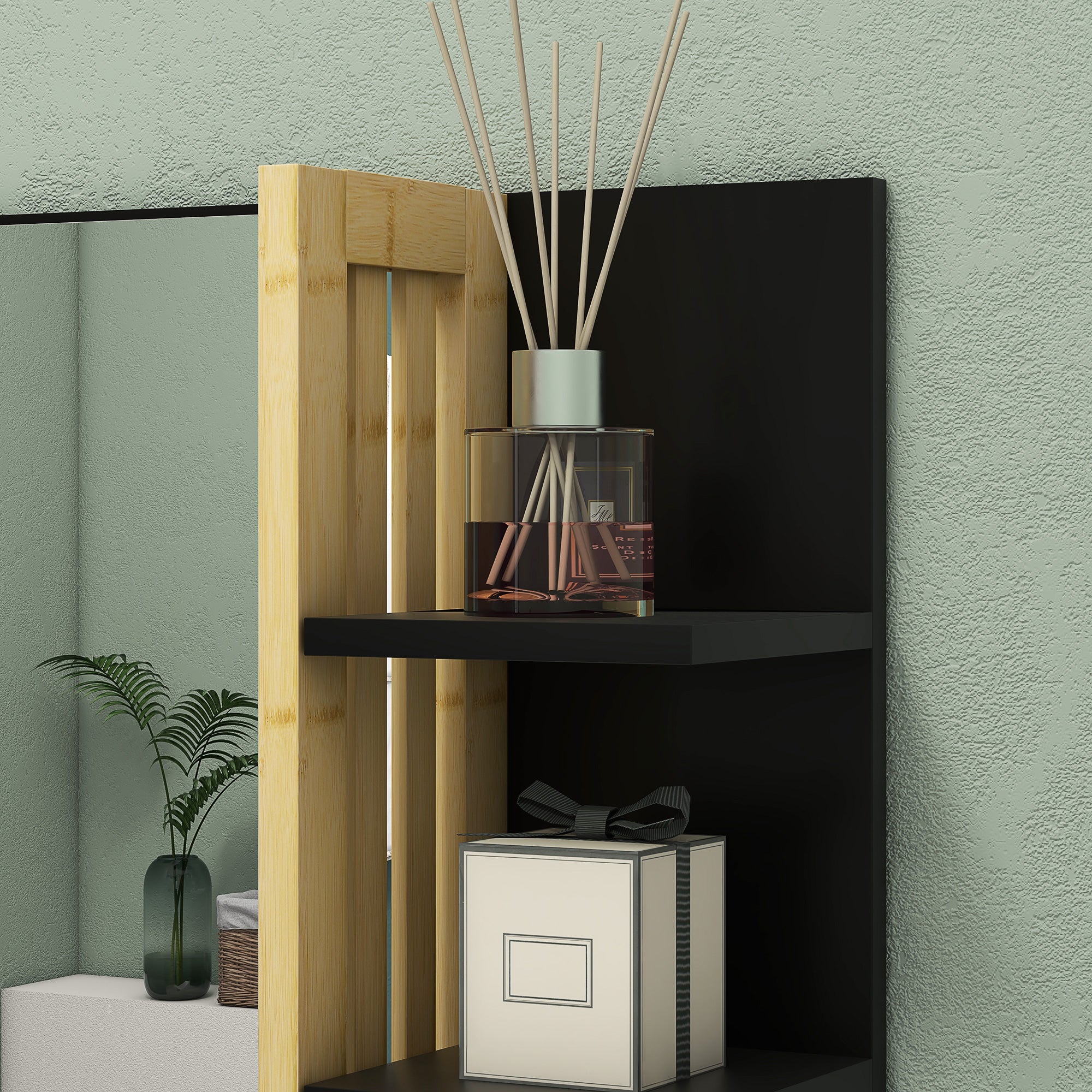 HOMCOM Bamboo Panel Bathroom Mirror, with Shelves - North Peak Garden Furniture
