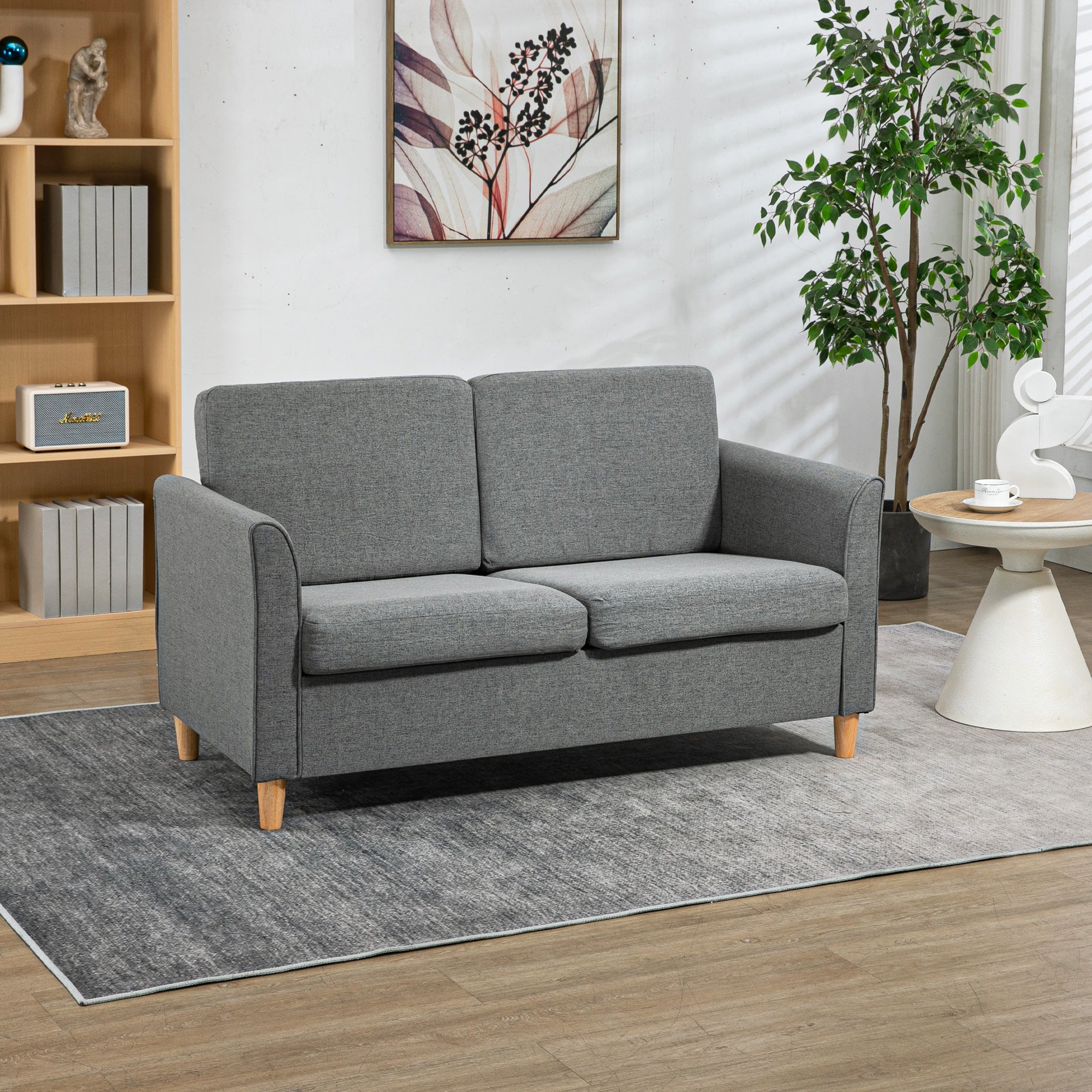HOMCOM Compact Loveseat Sofa, Modern 2 Seater Sofa for Living Room with Wood Legs and Armrests, Grey - North Peak Garden Furniture