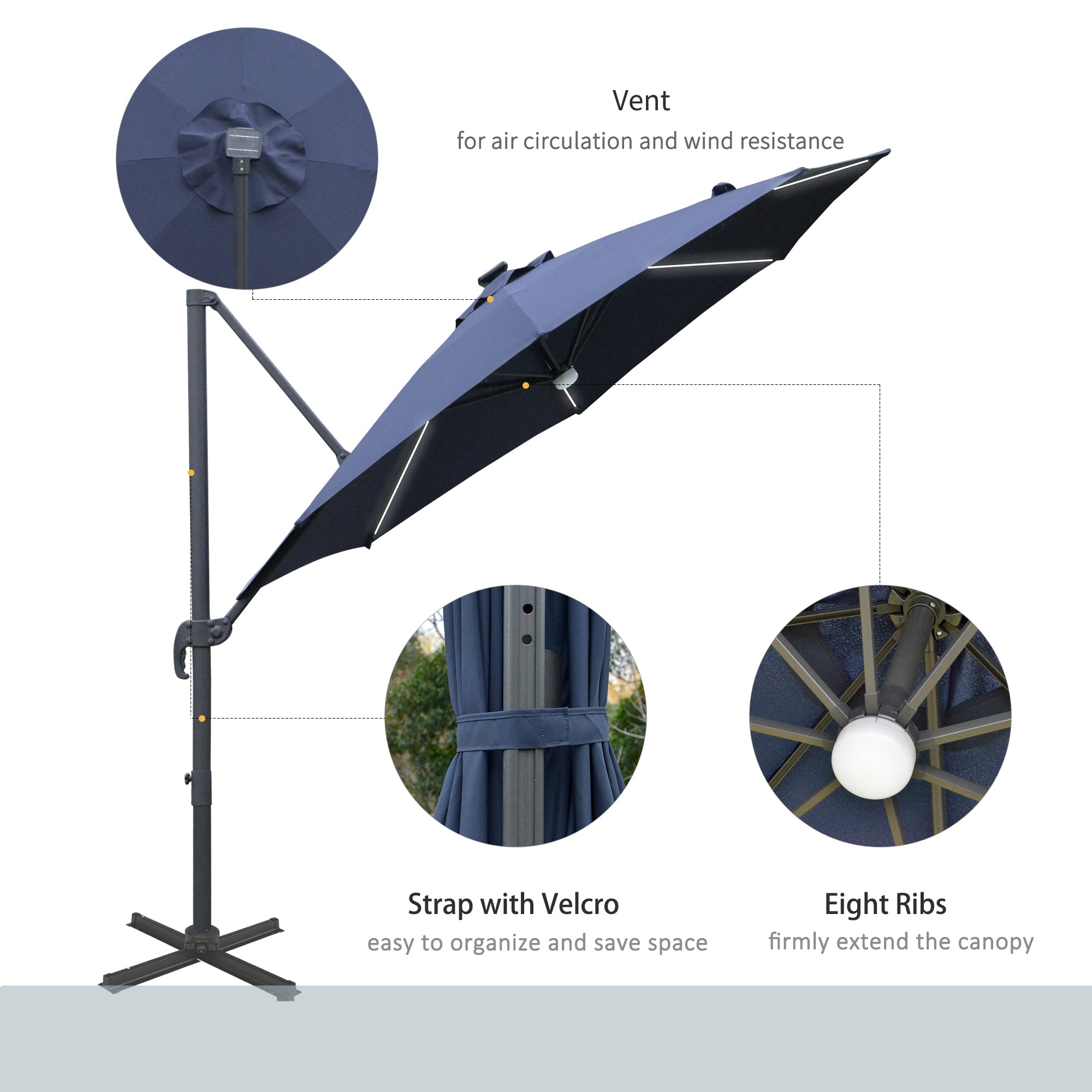 Outsunny 3(m) LED Cantilever Parasol Outdoor Sun Umbrella w/ Base Solar Lights Blue - North Peak Garden Furniture