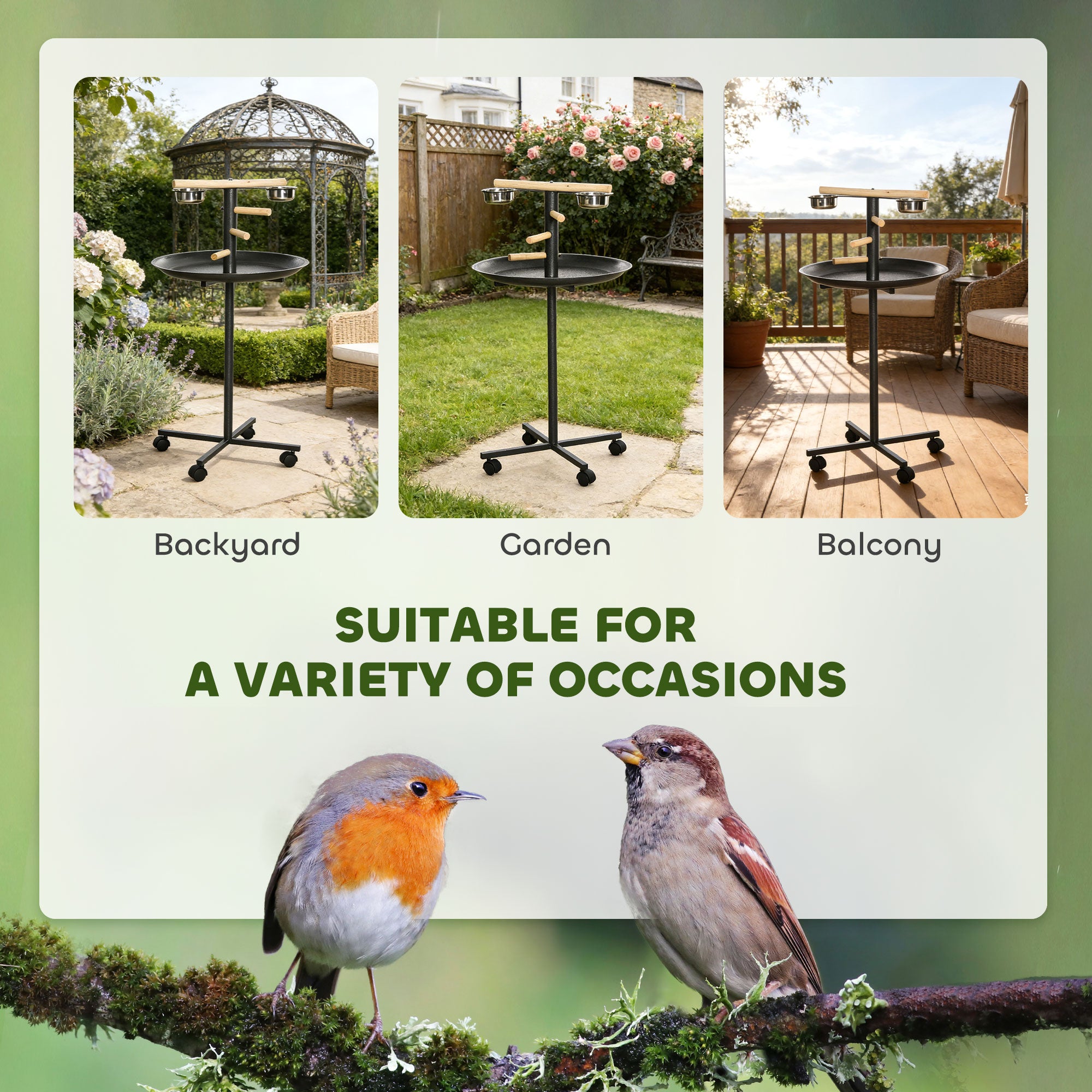 PawHut Metal Bird Table Play Stand, Bird Feeder Station Parrot Perch with Four Wheels Feeding Bowls Round Tray
