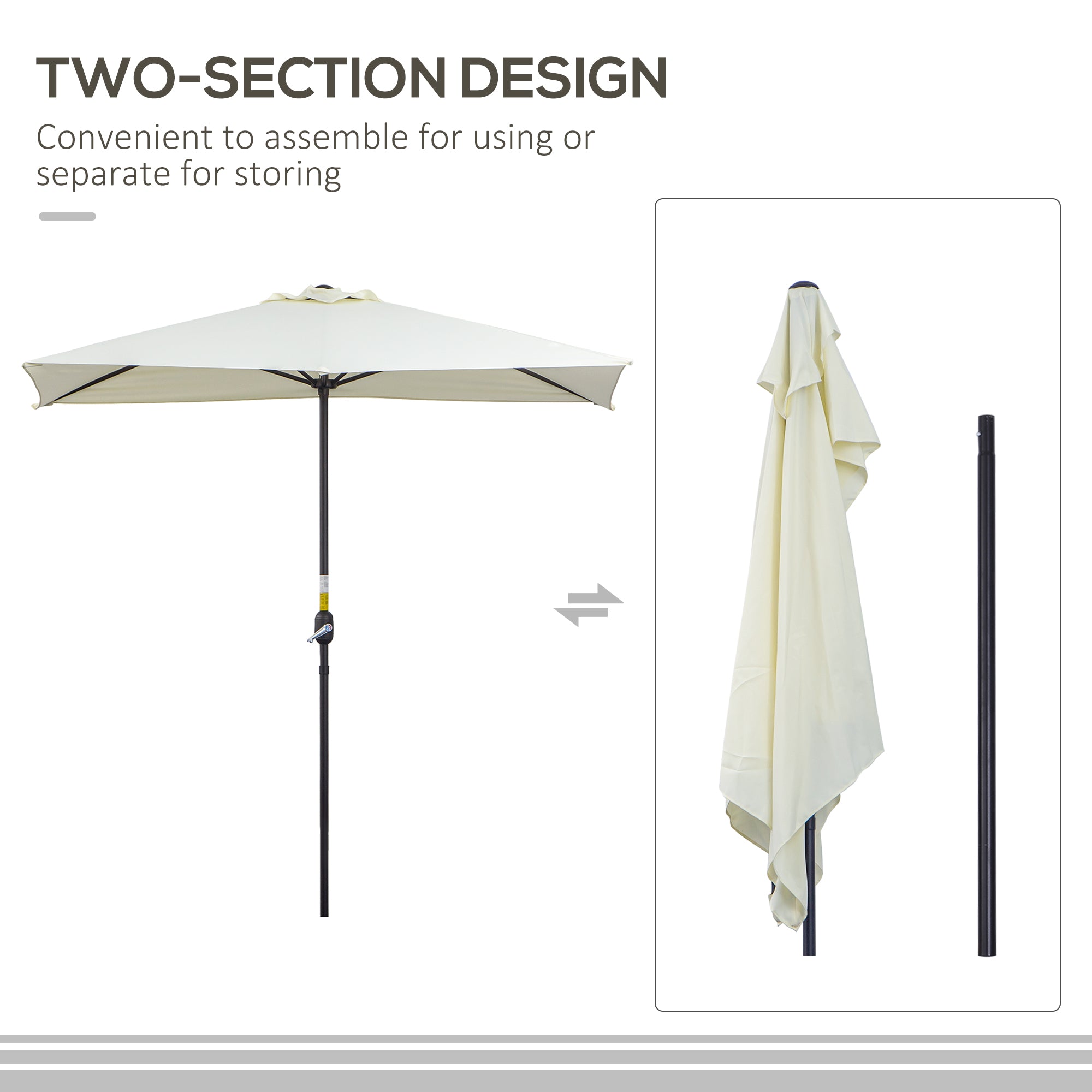 Outsunny Half Parasol for Balcony, 2.3m Semi-Round Patio Umbrella with Crank Handle, Beige - BASE NOT INCLUDED