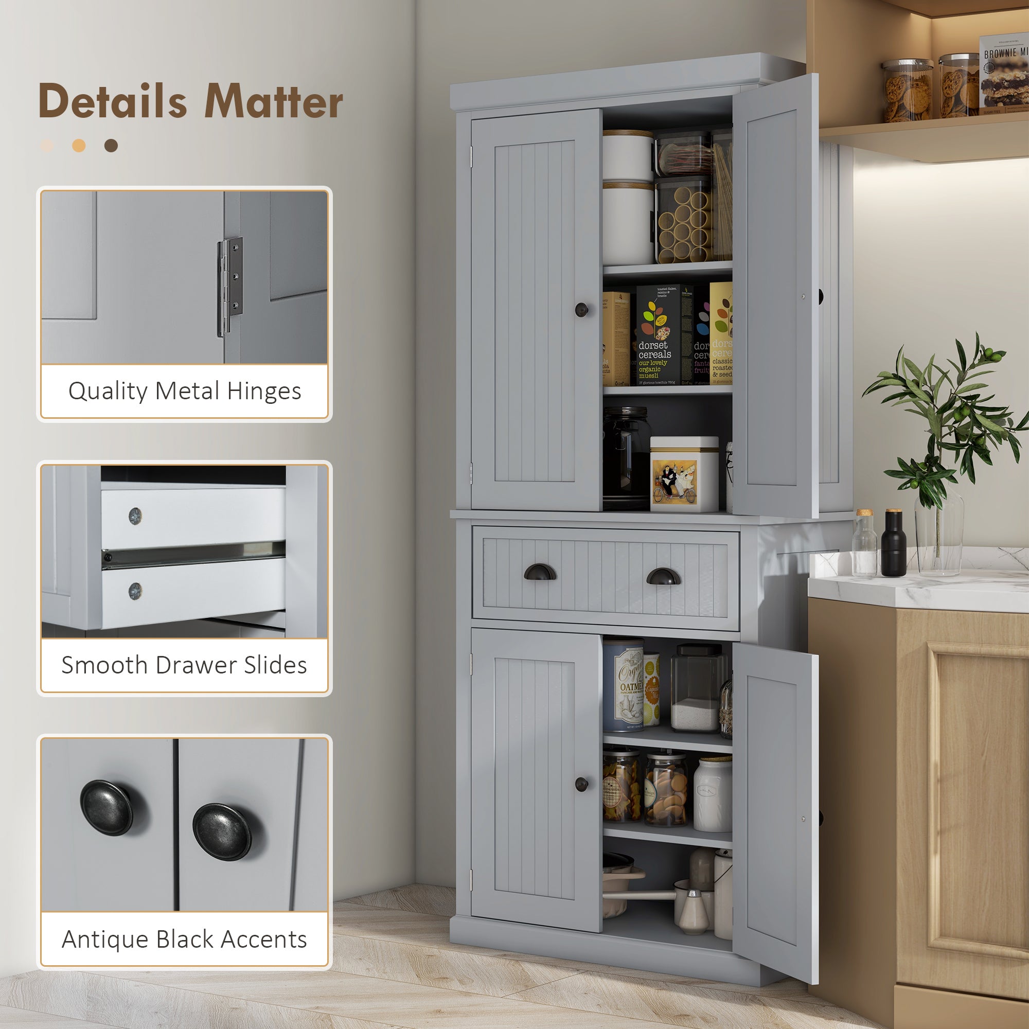 HOMCOM Freestanding Multi-Storage Kitchen Cabinet - Grey - North Peak Garden Furniture