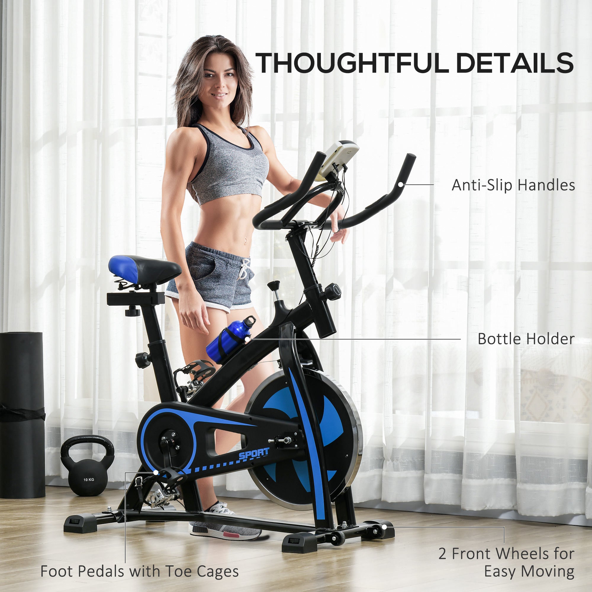 SPORTNOW Exercise Bike, Indoor Stationary Bike, Cycling Machine with Adjustable Seat and Resistance for Home Gym Workout, Blue - North Peak Garden Furniture