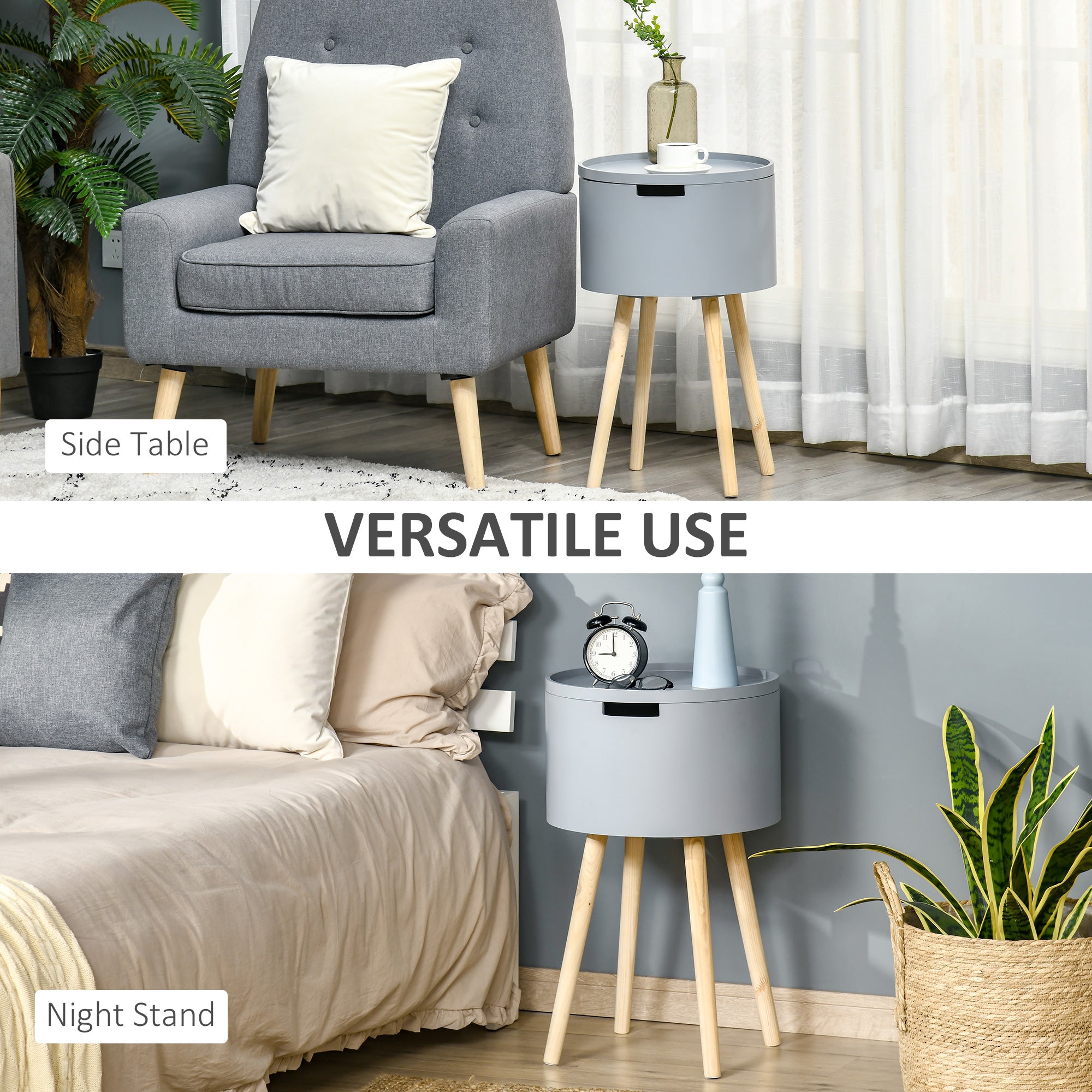 HOMCOM Modern Side Table with Hidden Storage Space, Round Night Stand with Removable Tray Wood Frame End Coffee Table for Living Room, Set of 2, Grey - North Peak Garden Furniture