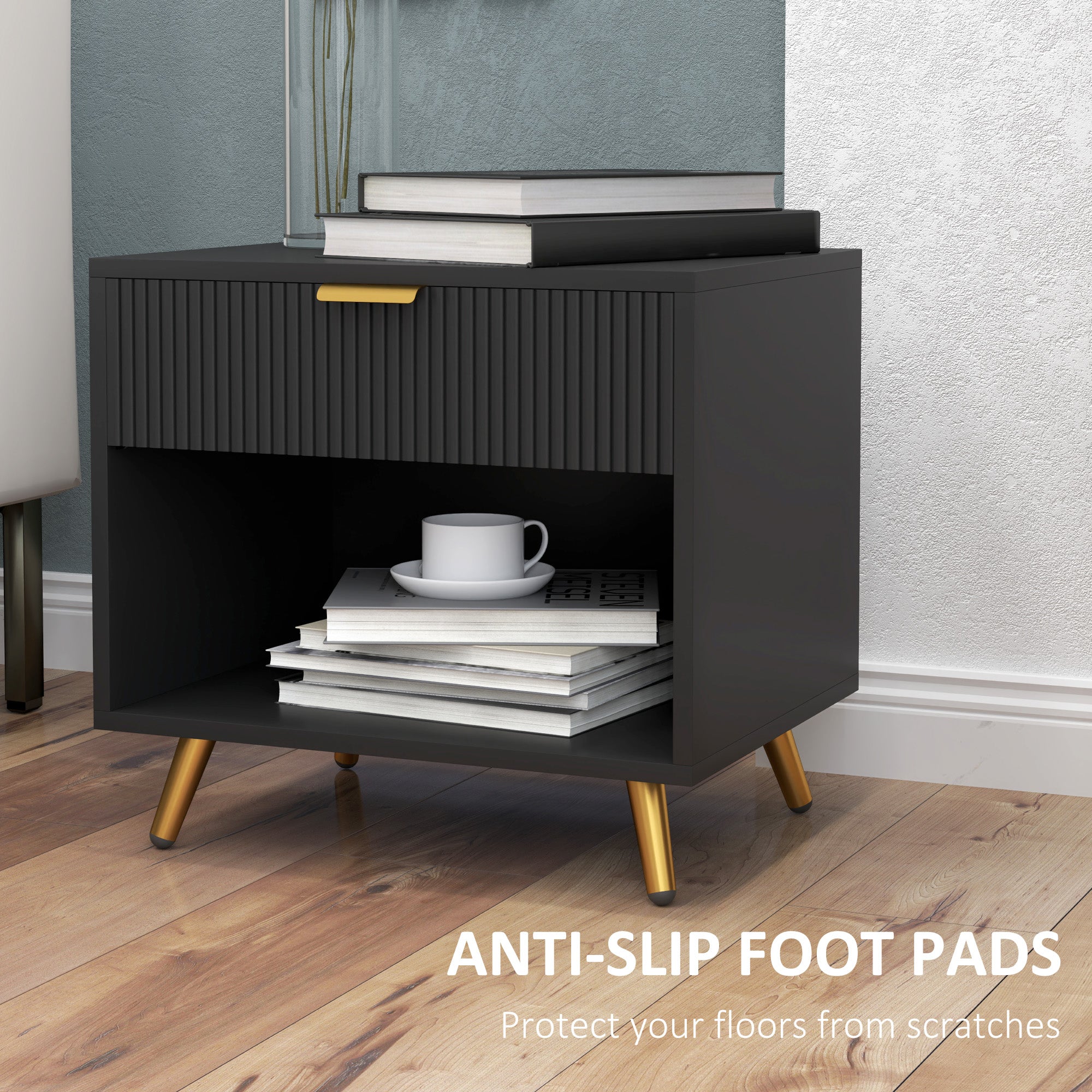 HOMCOM Elegant Bedside Table, with Drawer and Shelf - Black/Gold Tone - North Peak Garden Furniture