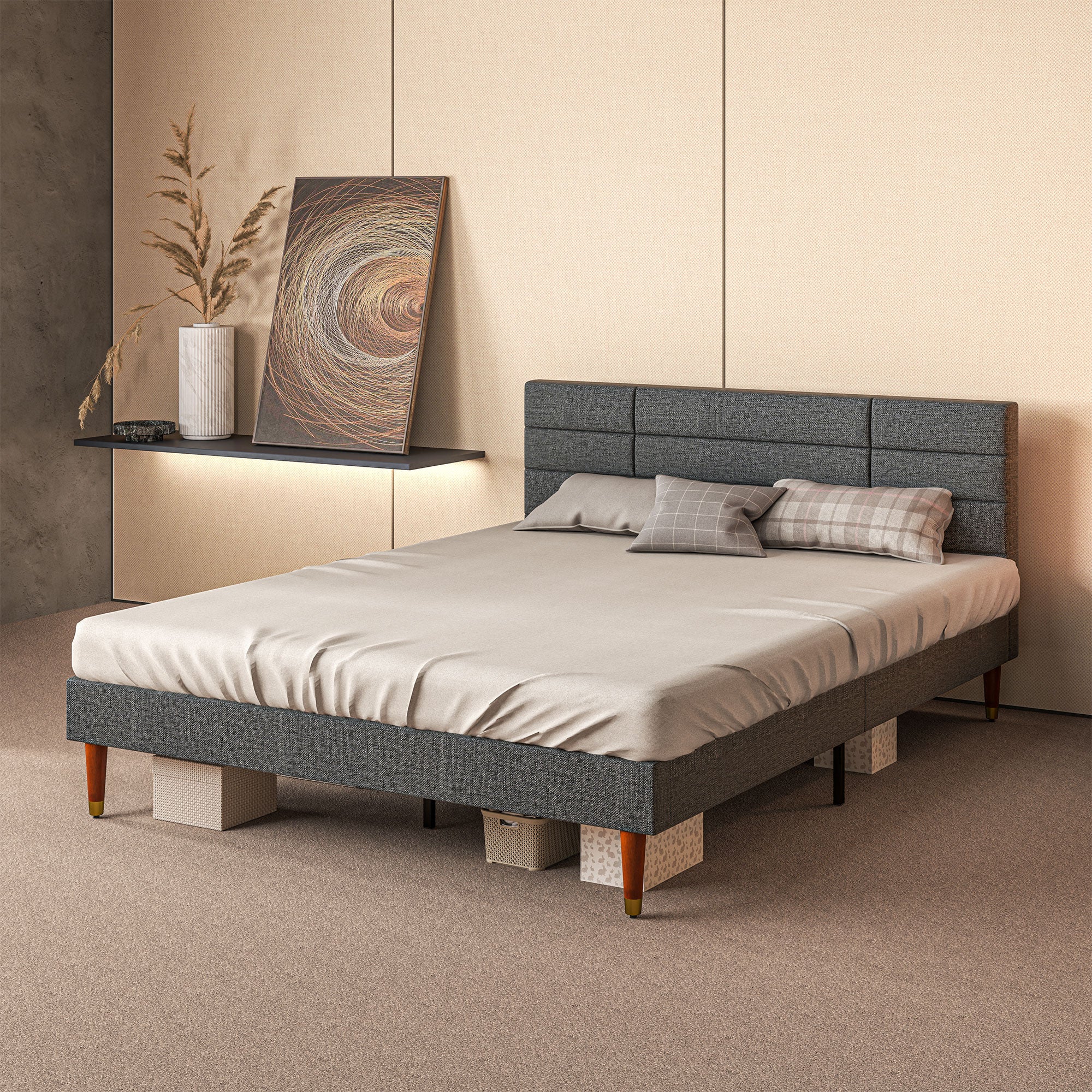 HOMCOM Upholstered King Bed Frame, with Slats - Grey - North Peak Garden Furniture