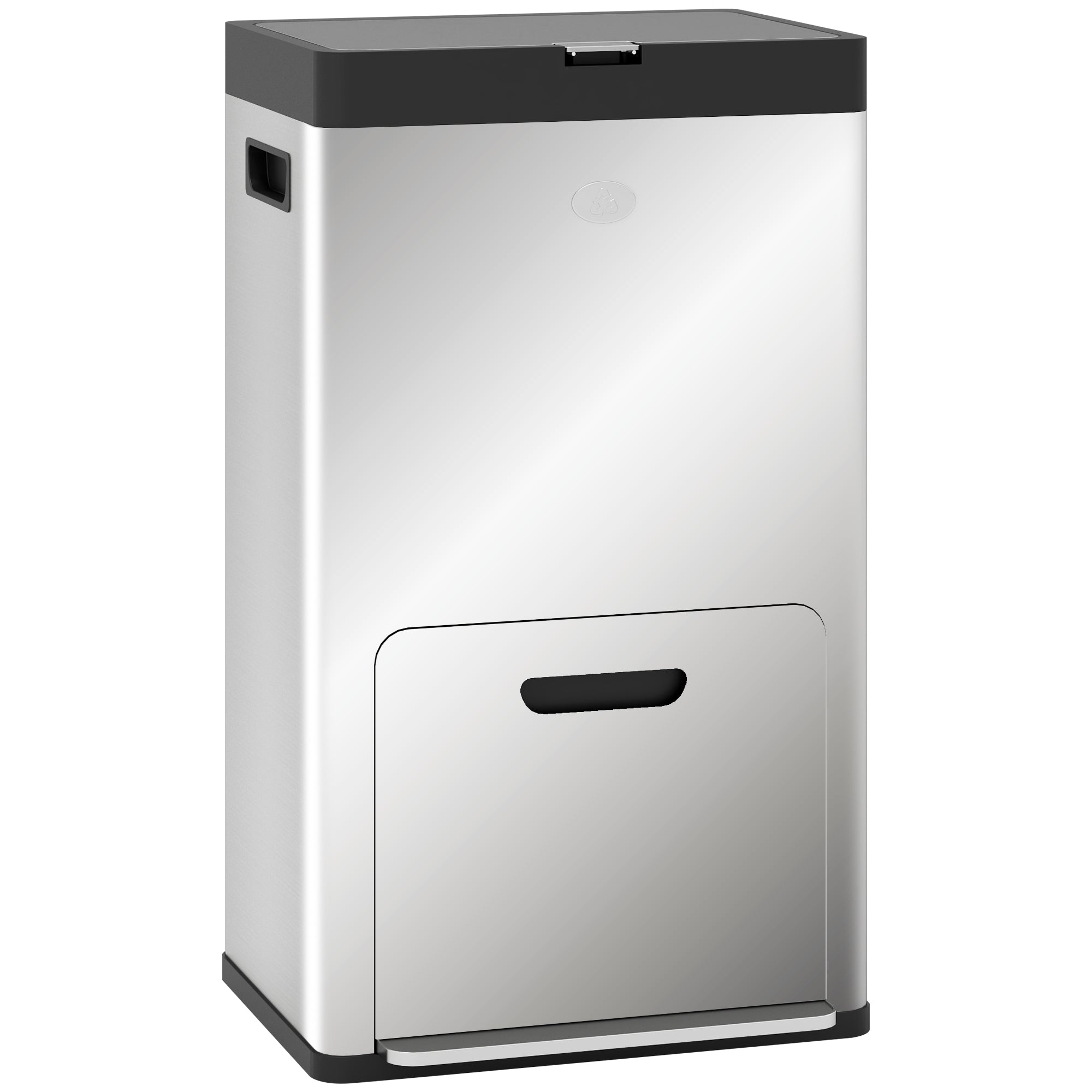 HOMCOM 56L Triple Compartment Stainless Steel Kitchen Bin, with Deodoriser Holders and Wheels - Silver Tone - North Peak Garden Furniture