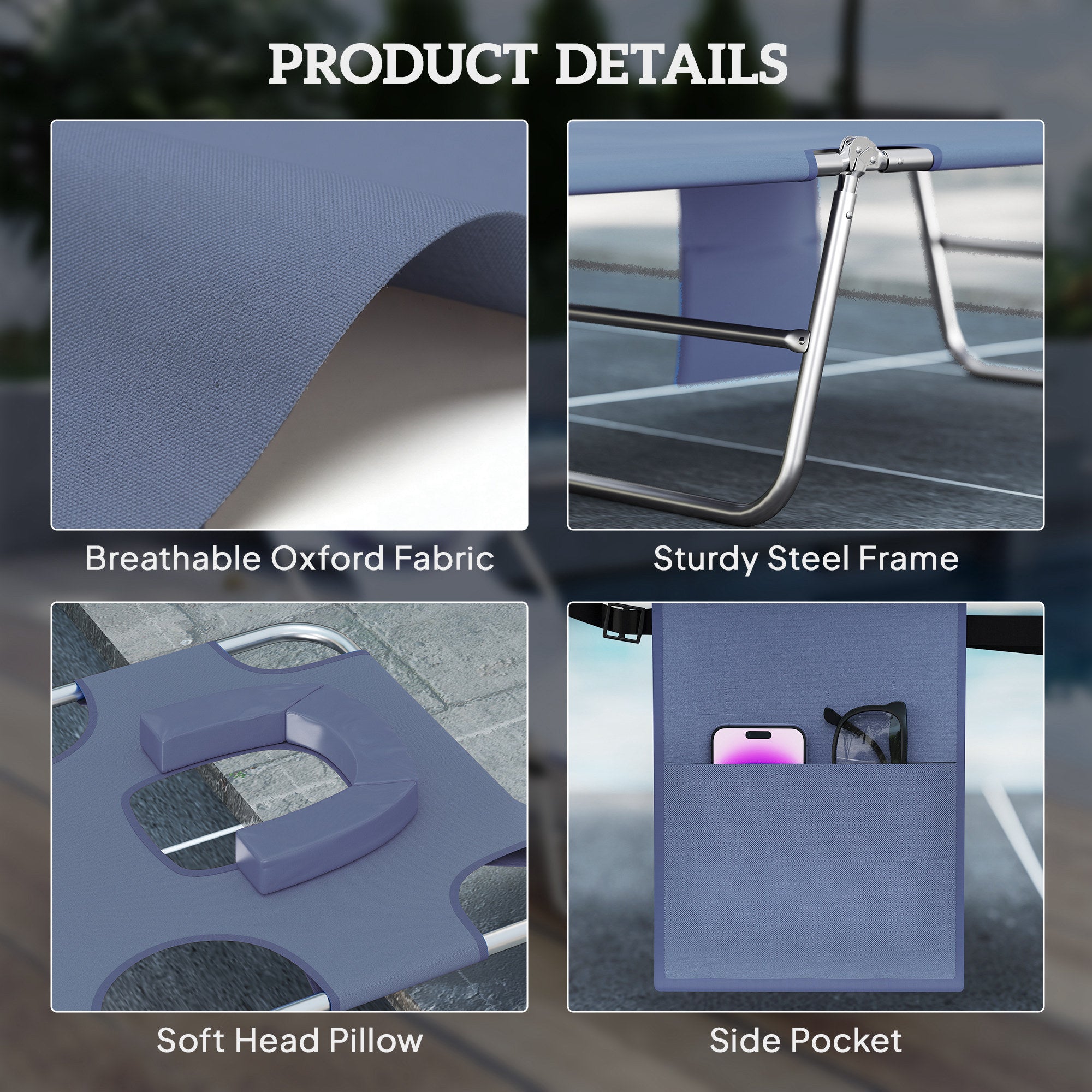 Outsunny Foldable Sun Lounger, Beach Chaise Lounge with Reading Hole, Arm Slots, 5-Position Adjustable Backrest, Side Pocket, Pillow for Garden, Beach, Pool, Grey