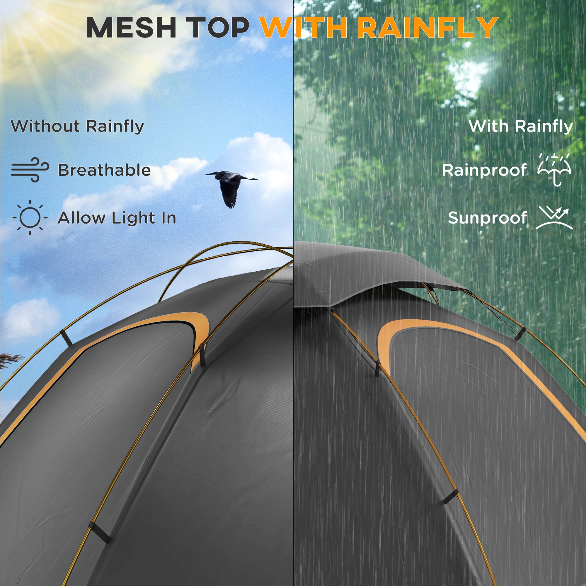 Outsunny Aluminium Frame Camping Tent Dome Tent with Removable Rainfly, 2000mm Waterproof, for 1-2 Man, Grey - North Peak Garden Furniture
