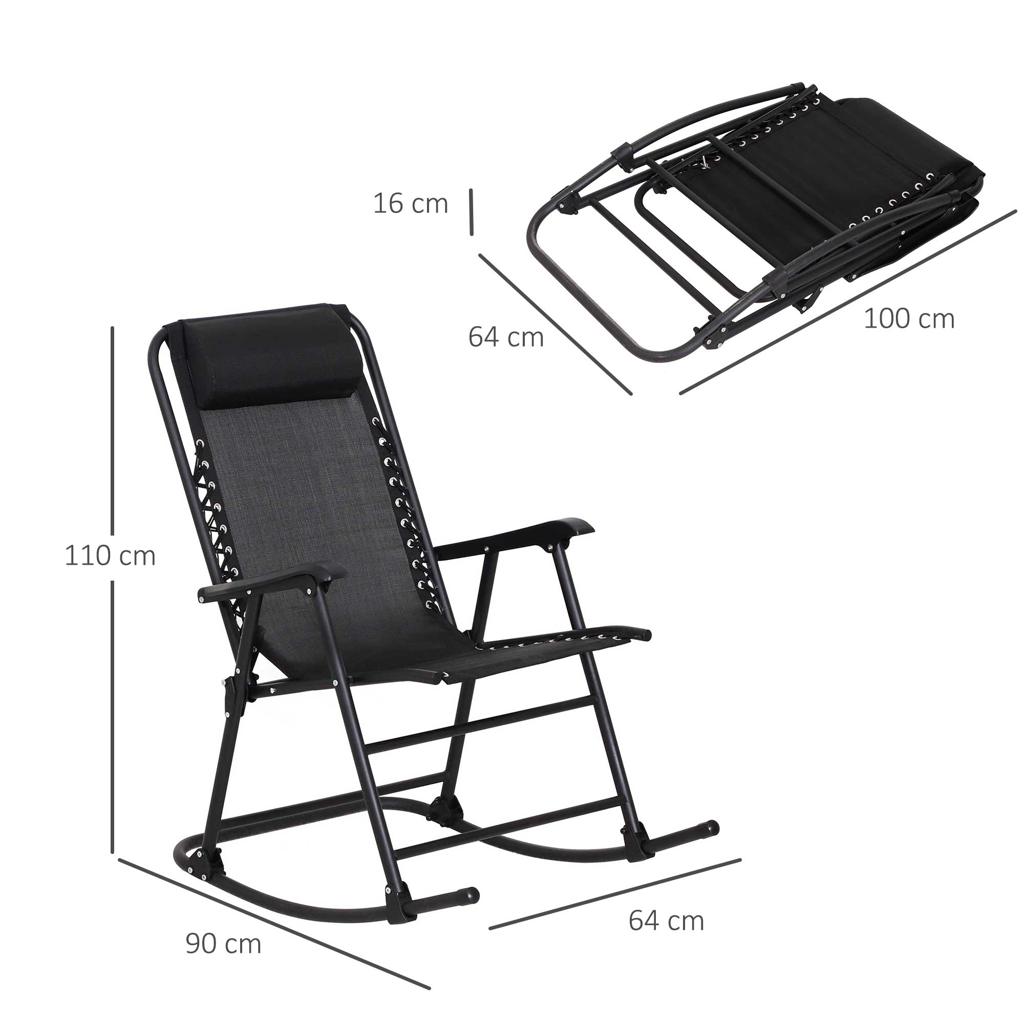 Outsunny Rocking Garden Chair, Foldable Outdoor Rocker with Adjustable Zero-Gravity Seat and Headrest, Ideal for Camping, Fishing, Patio, Black