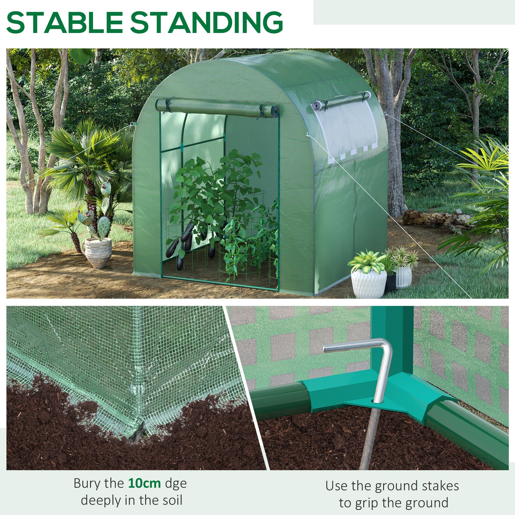 Outsunny Walk in Polytunnel Greenhouse, Green House for Garden with Roll-up Window and Door, 1.8 x 1.8 x 2 m, Green - North Peak Garden Furniture