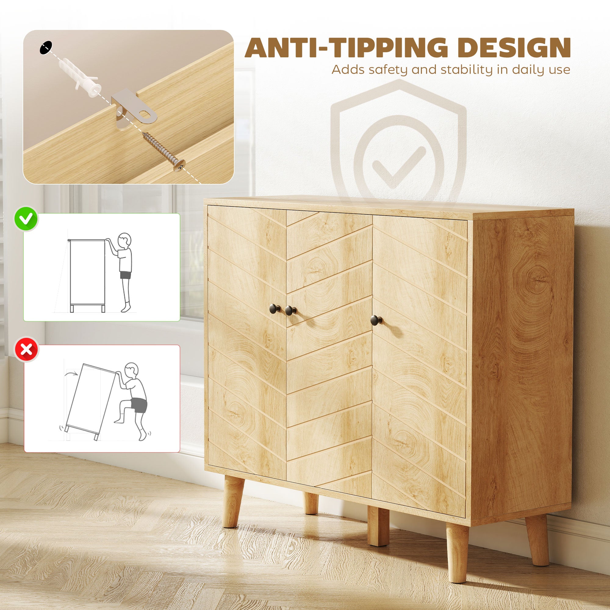 HOMCOM Vintage Sideboard with Chevron Doors and Pine Wood Legs for Living Room, Kitchen