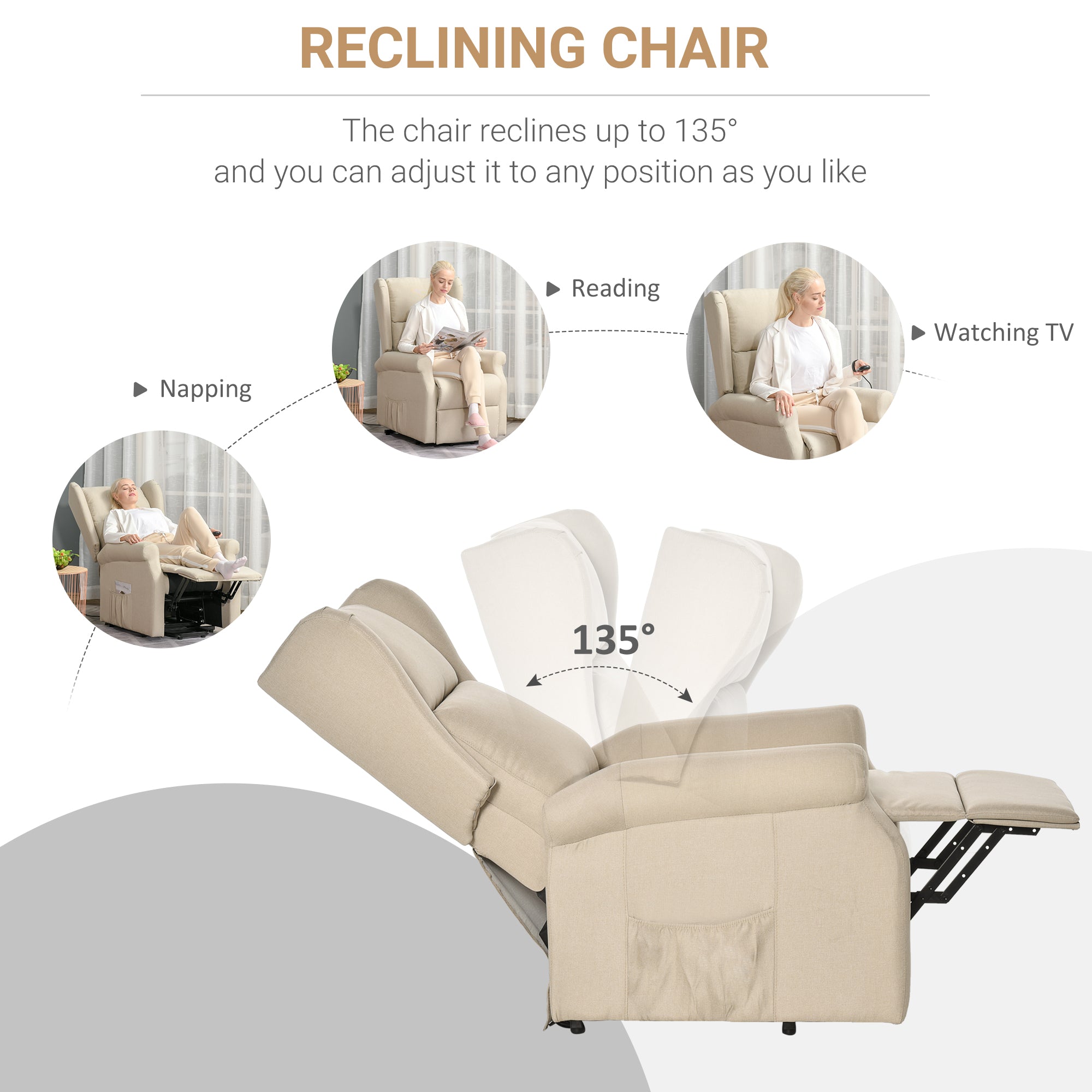 HOMCOM Power Lift Recliner Armchair, Electric Lift Chair for Elderly, Fabric Riser and Reclining Chair with Remote Control, Side Pockets, Extended Footrest, for Living Room, Beige - North Peak Garden Furniture