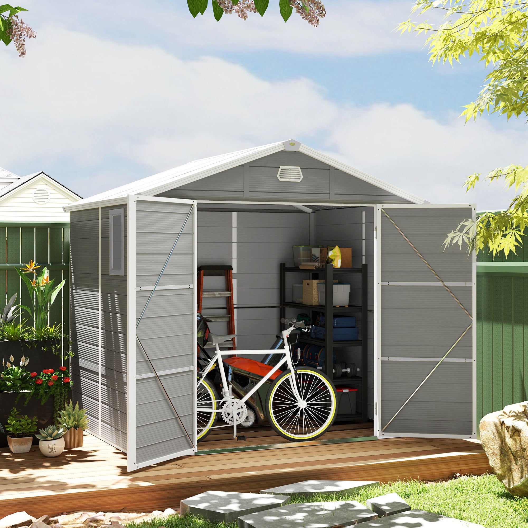 Outsunny 7.9ft x 6.2ft Aluminium Frame and Plastic Wall Shed, with Foundation - Light Grey - North Peak Garden Furniture
