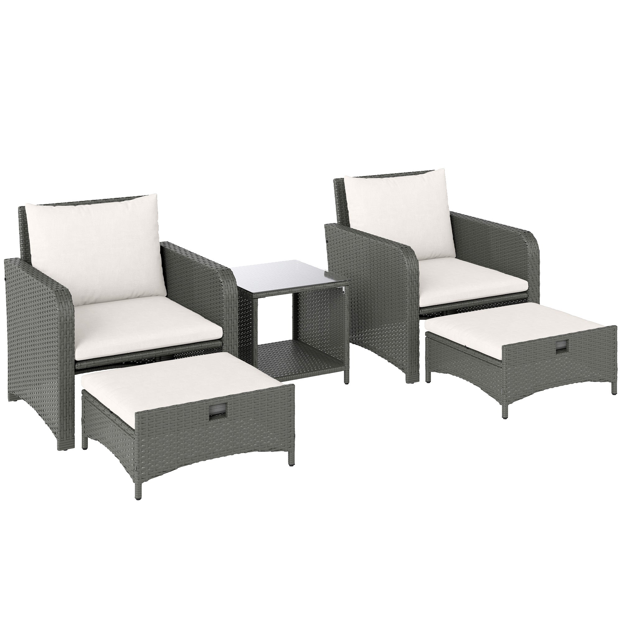 Outsunny Five Piece Rattan Garden Furniture Set with 2-Tier Coffee Table and Ottomans - Cream White - North Peak Garden Furniture