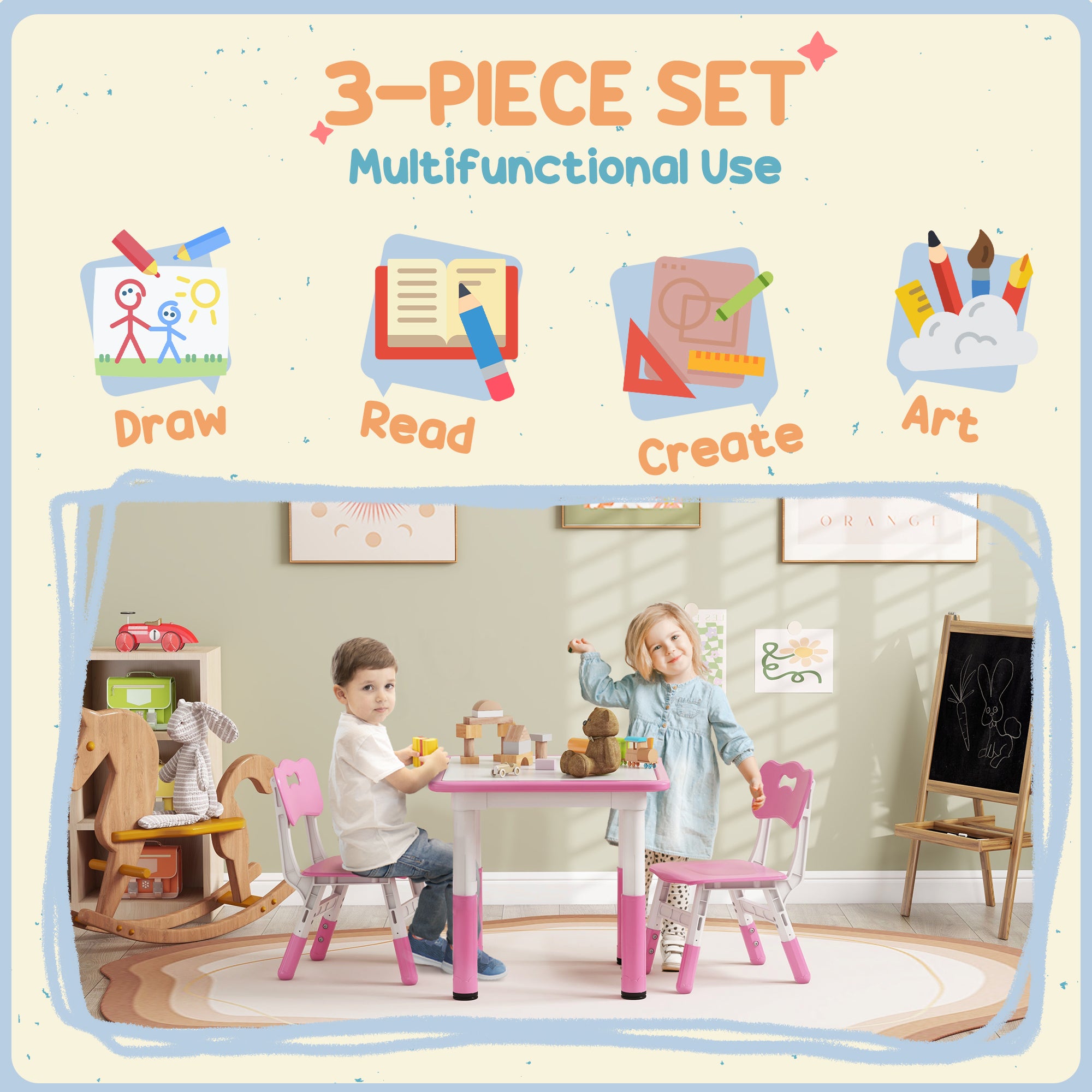 AIYAPLAY Height Adjustable Toddler Table and Chair Set, 3 Pcs Children Activity Table w/ 2 Chairs, for Playroom, Bedroom - Pink - North Peak Garden Furniture