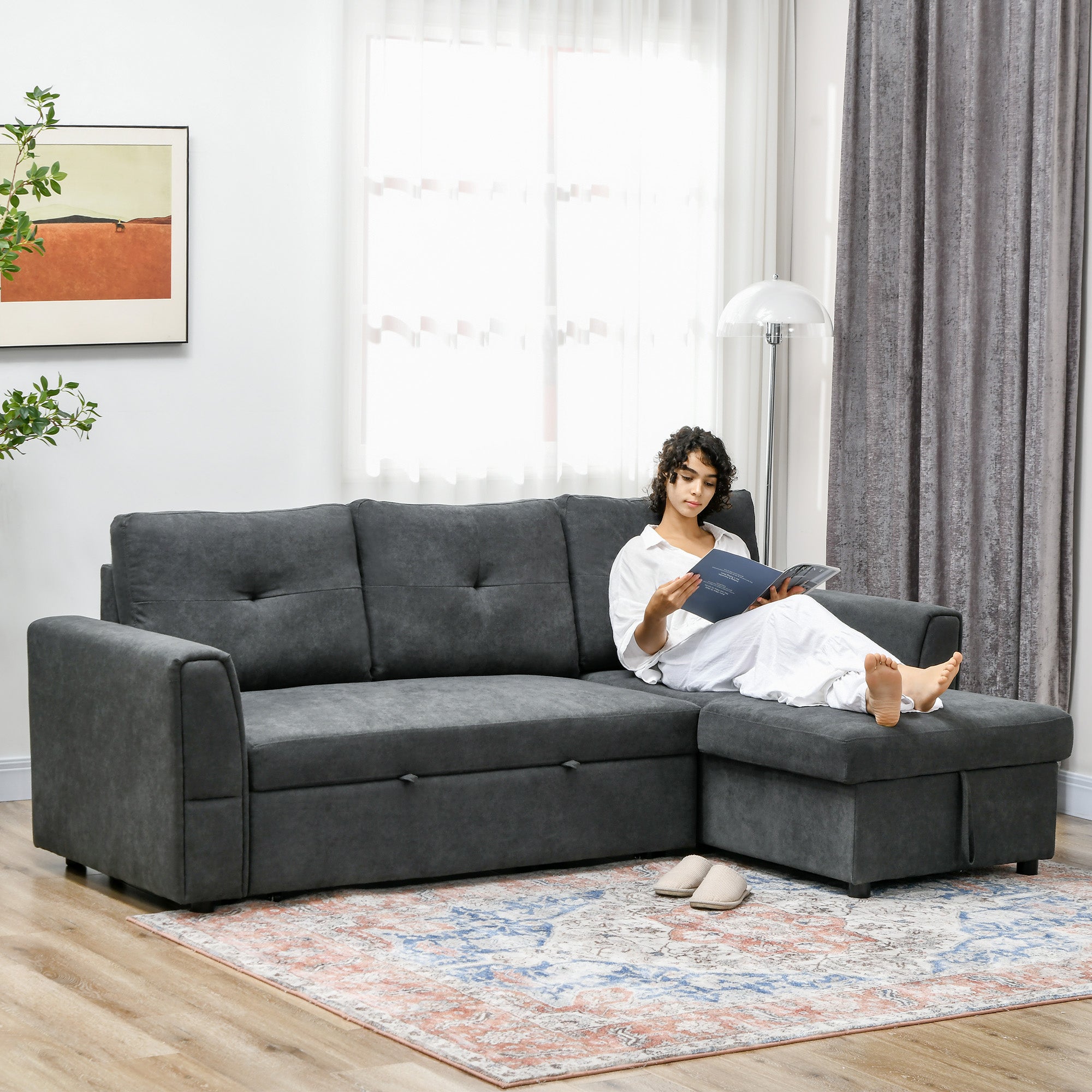HOMCOM 3 Seater Sofa Bed, L-Shaped Corner Sofa, Pull Out Sofa with Storage, Convertible Click Clack Settee Sectional Sleeper Futon for Living Room, Office, Dark Grey - North Peak Garden Furniture